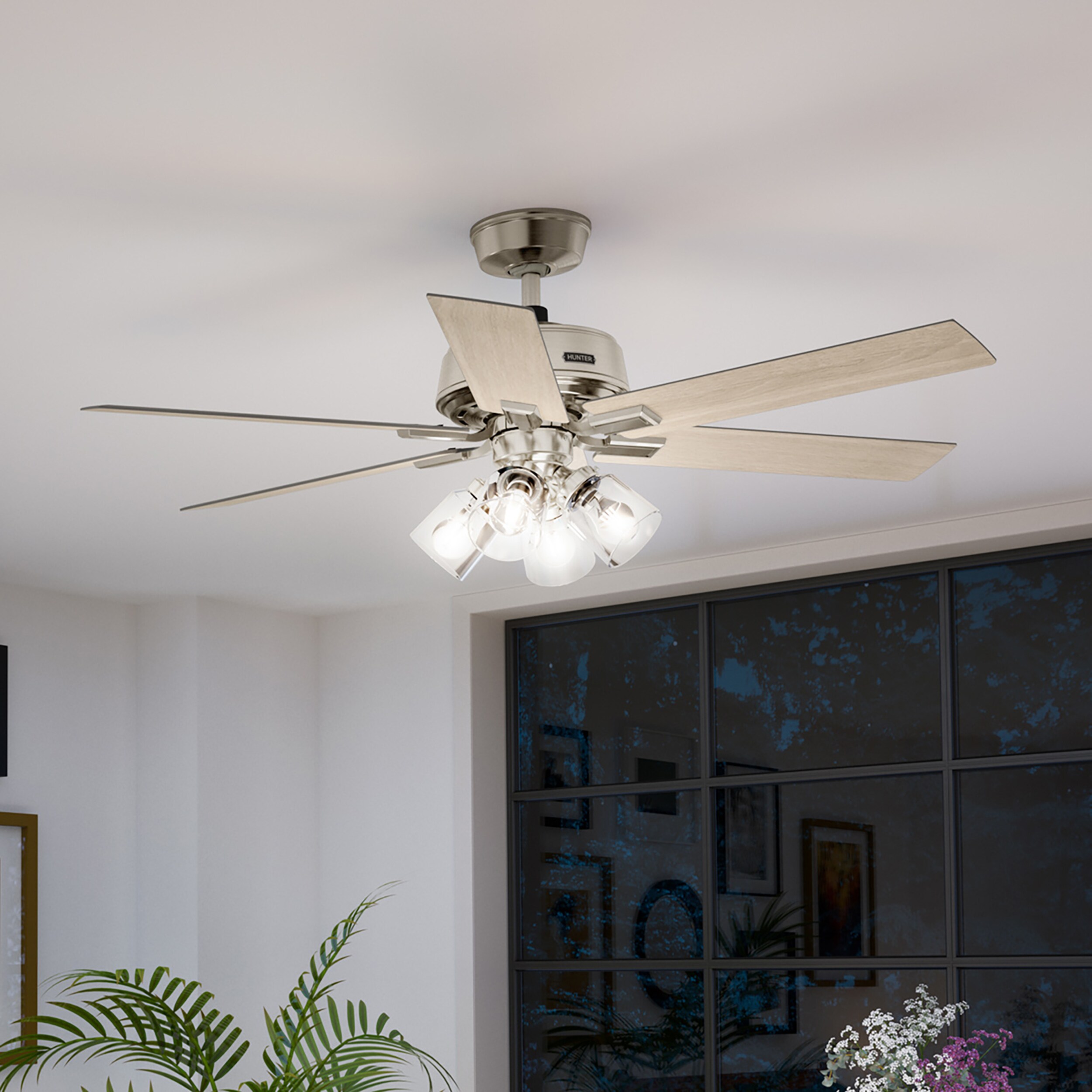 Hunter 52901 Fonthill 52-in Brushed Nickel with Light Gray Oak Blades Ceiling Fan With Light - Remote Included ( 6 -Blade )