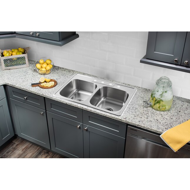Superior Sinks 33-in x 22-in Brushed Satin Double Equal Bowl Drop-In 4-Hole Residential Kitchen Sink Superior Sinks 33-in x 22-in Brushed Satin Double Equal Bowl Drop-In 4-Hole Residential Kitchen Sink