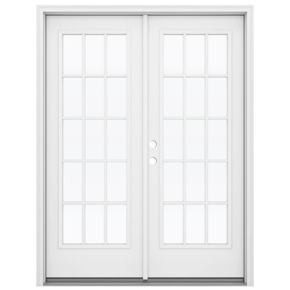JELD-WEN LOWOLJW184100022 F-3500 60-in x 80-in x 4-9/16-in Jamb Low-E External grilles , Primed Fiberglass Right-hand inswing French Double Patio Door Brickmould Included