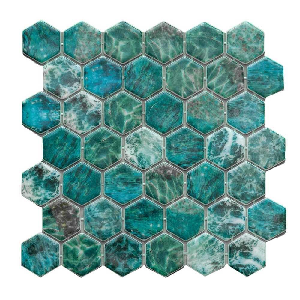 The Tile Life SHEXXBLISMG Sample- Eterna Hex Mar Green 4-in x 4-in Glossy Glass Floor and Wall Tile