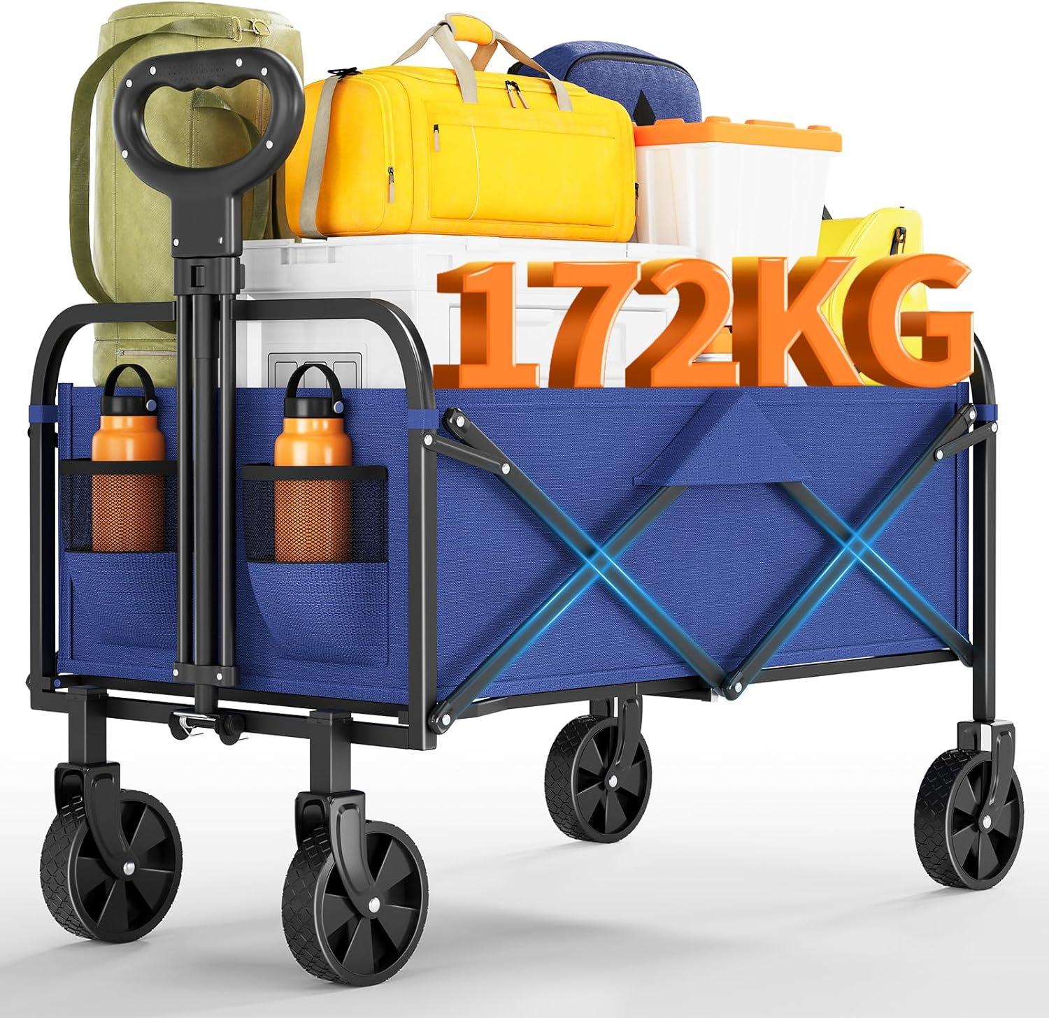 Qeetex QET-PC-QI092 Heavy Duty Collapsible Wagon Cart 380Lb Capacity Foldable Utility Wagon with 5 Inch All-Terrain Wheels and Drink Holders for Grocery Shopping Beach Camping and Sports Events Blue