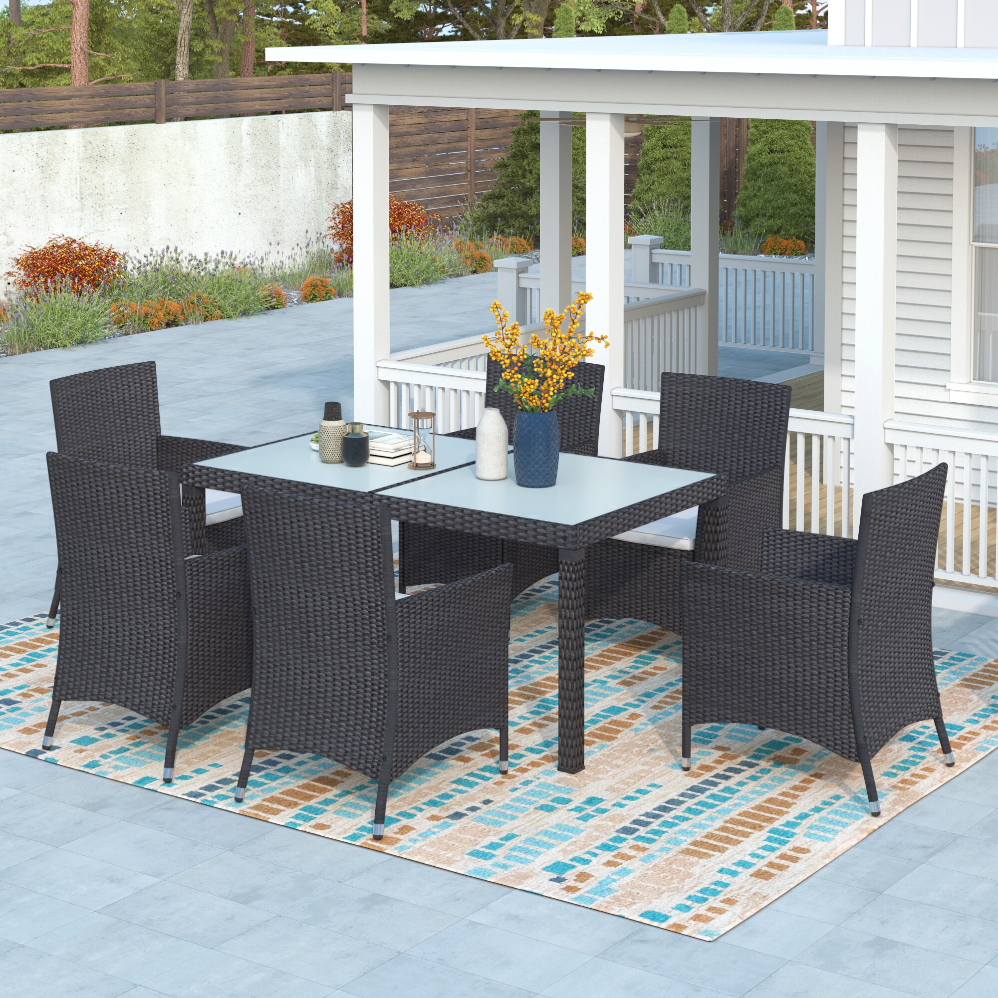 ModernLuxe L-SP100225AAB 7 -Piece Black Rattan Patio Dining Set Rattan Rectangle Table with 6 Off-white Cushions Stationary Chairs