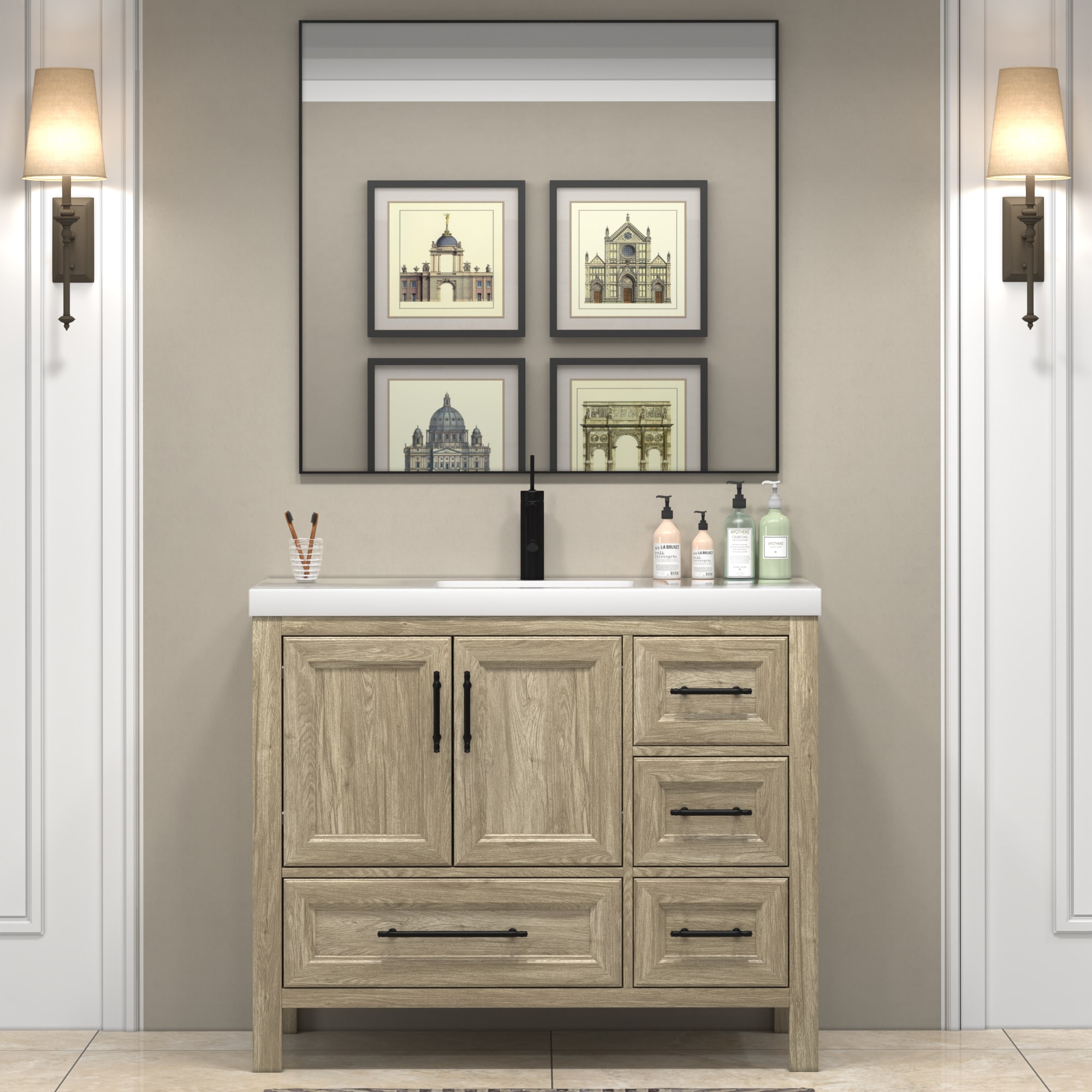 BV Better Vanity VIV42R-HG VIV 42-in Dark French Oak / Right Side Drawer Undermount Single Sink Bathroom Vanity with White Acrylic Top (Fully Assembled)
