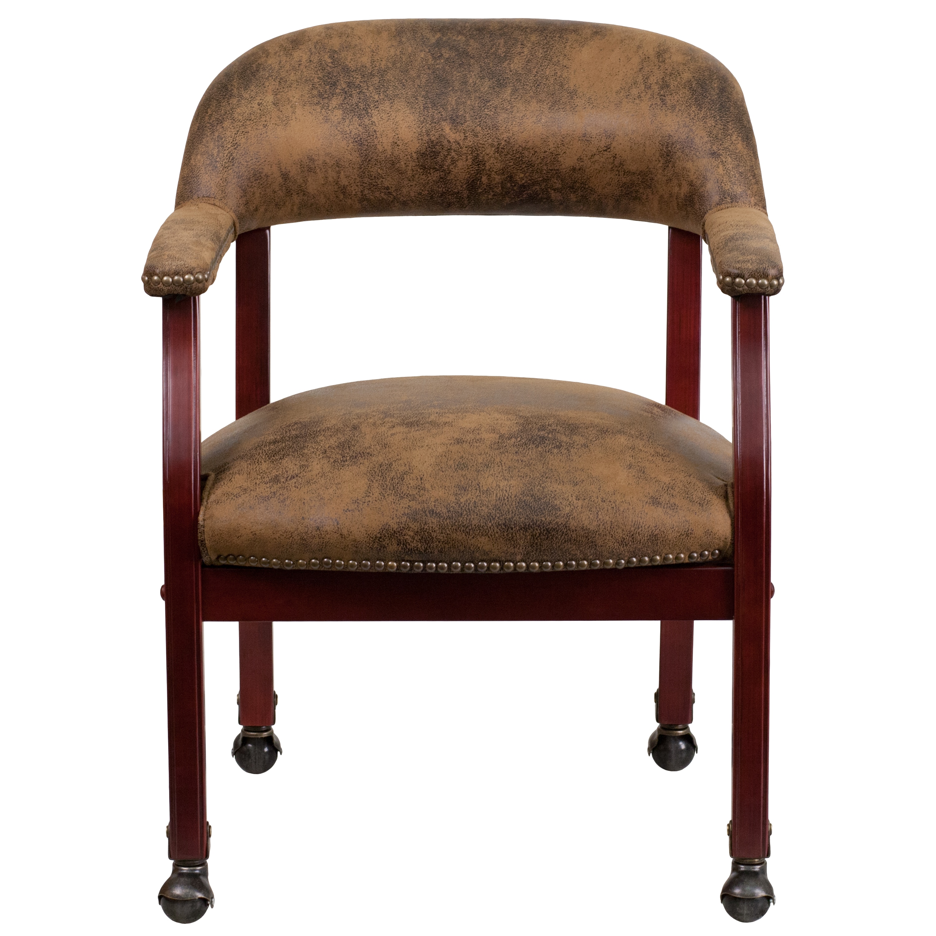 Elegant Bomber Jacket Brown Microfiber Conference Chair with Brass Accents