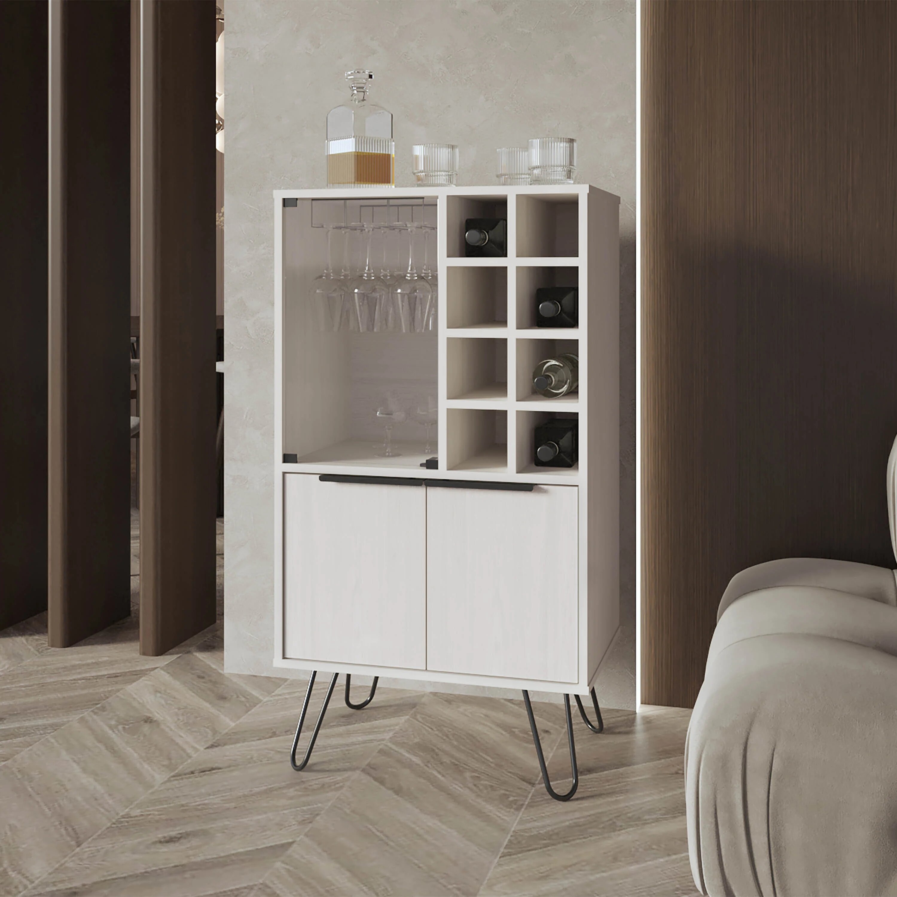Tinyhomie White Bar Cabinet with Glass Rack and Wine Storage in the ...