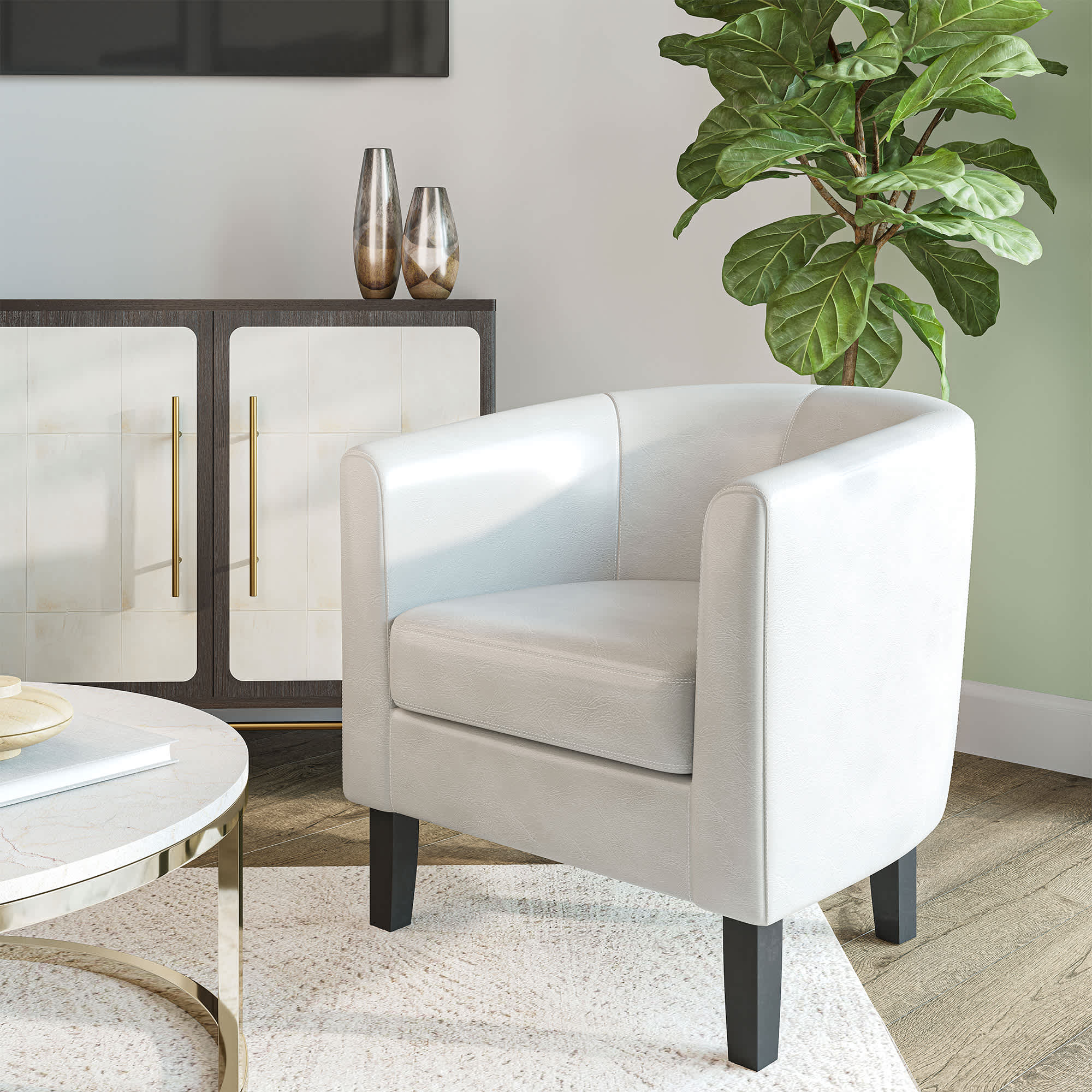 Belleze -  Faux Leather Round Accent Barrel Chair with Cozy Soft Padding White