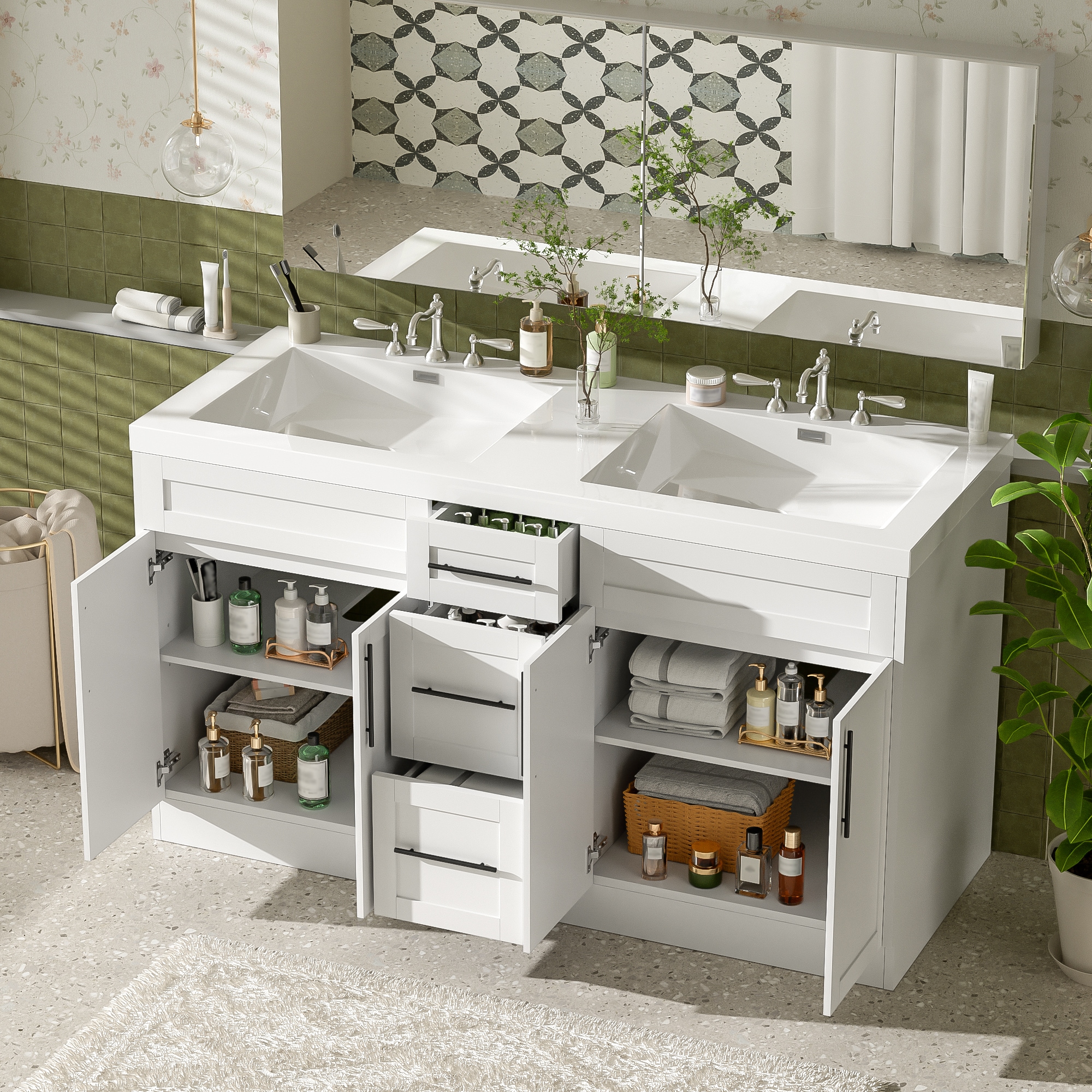 Huluwat Double Sink Bathroom Vanity with SMC Top White Painted MDF Cabinet with Solid Wood Frame Soft Close Doors Modern Storage Vanity