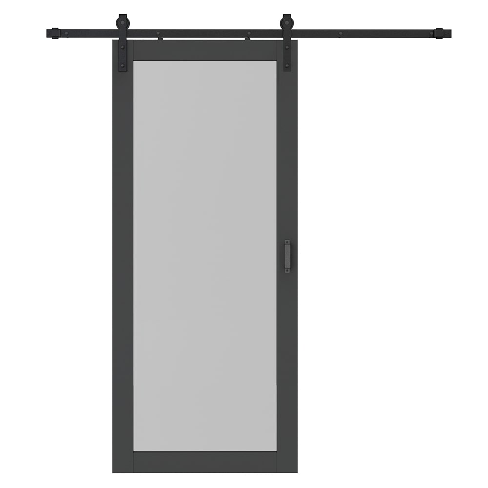 CALHOME PVC-F01-BLACK+SMK-72 36-in x 84-in Powder Coating with Frosted Glass Frosted glass Glass Solid core Single Barn Door (Hardware Included)