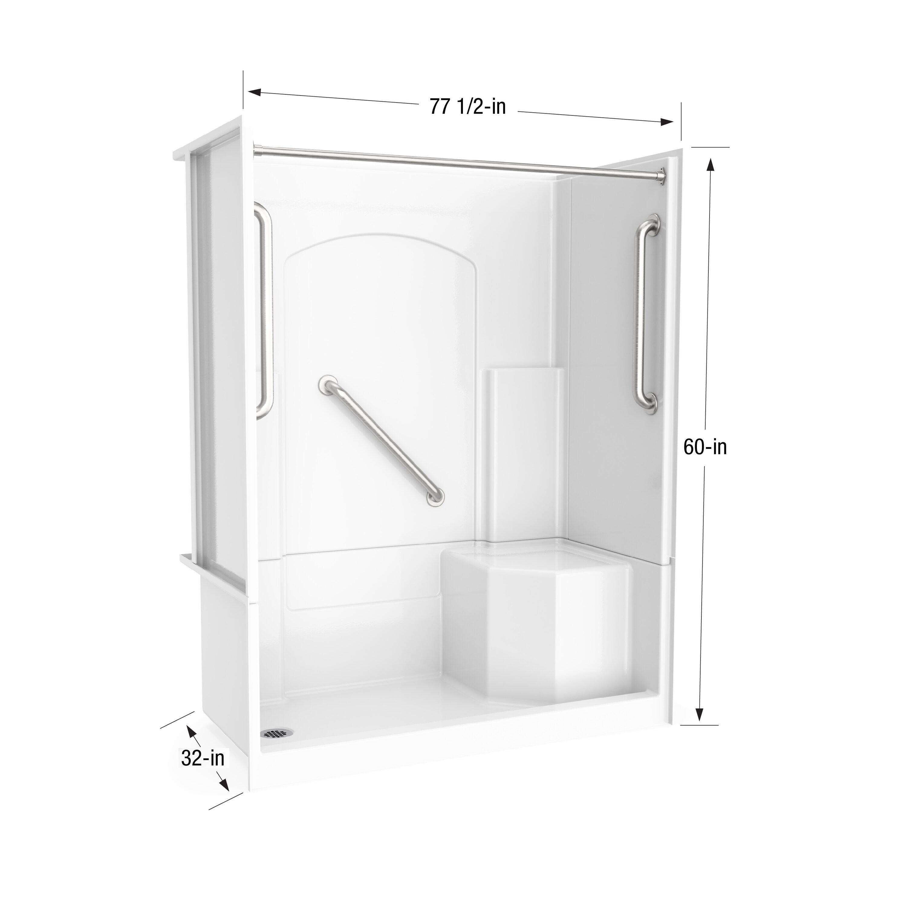 Laurel Mountain Ramer Low Threshold White 4-Piece 60-in x 32-in x 77-in Base/Wall Alcove Shower Kit with Integrated Seat (Right Drain) Drain Included