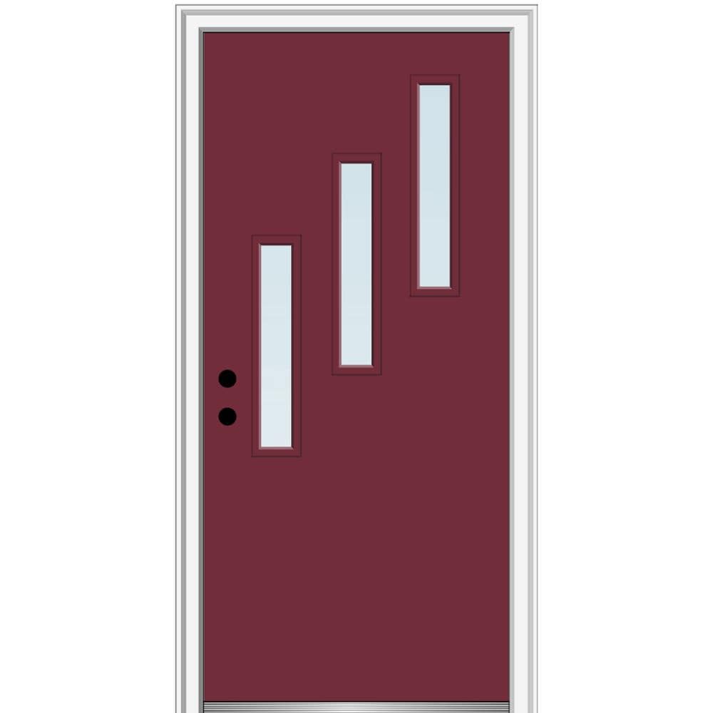 MMI DOOR ZZ346641R Spotlights 32-in x 80-in x 4-9/16-in Fiberglass Pulse lite Right-hand inswing Burgundy Painted Prehung Front Door with Brickmould Insulating core