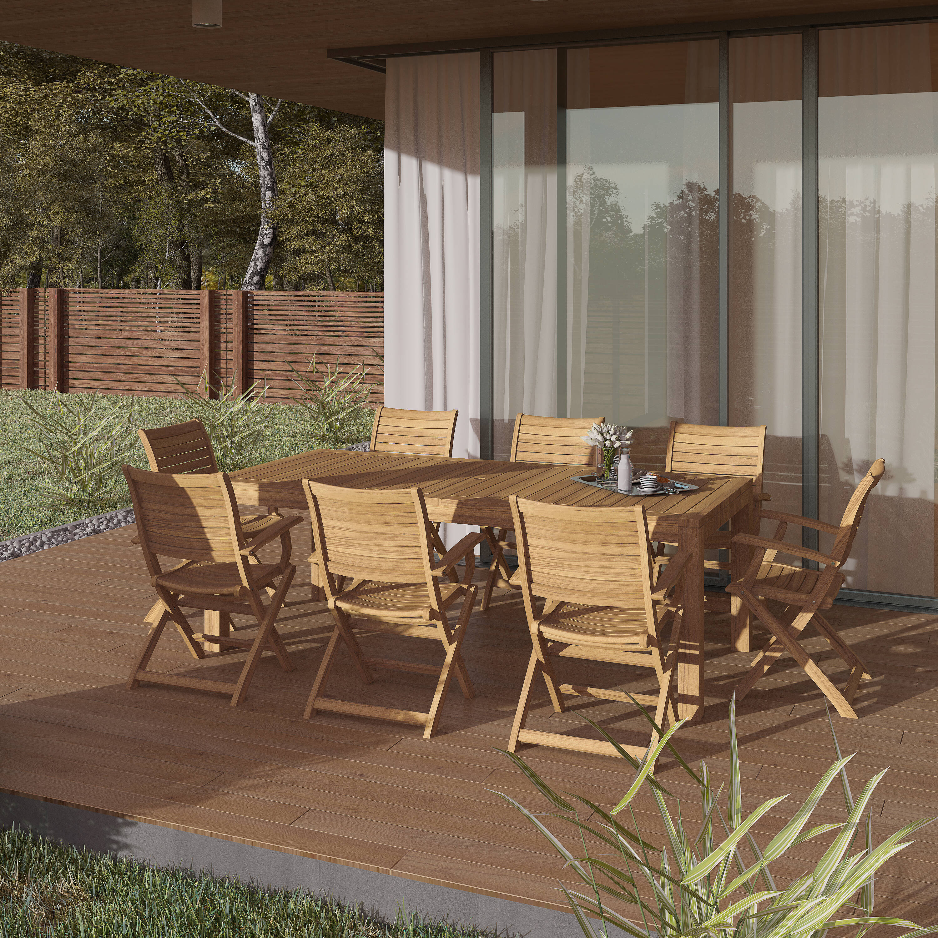 Amazonia LWSRINBG8PALARM  9 -Piece Patio Dining Set Wood Rectangle Table with 8 Stationary Chairs