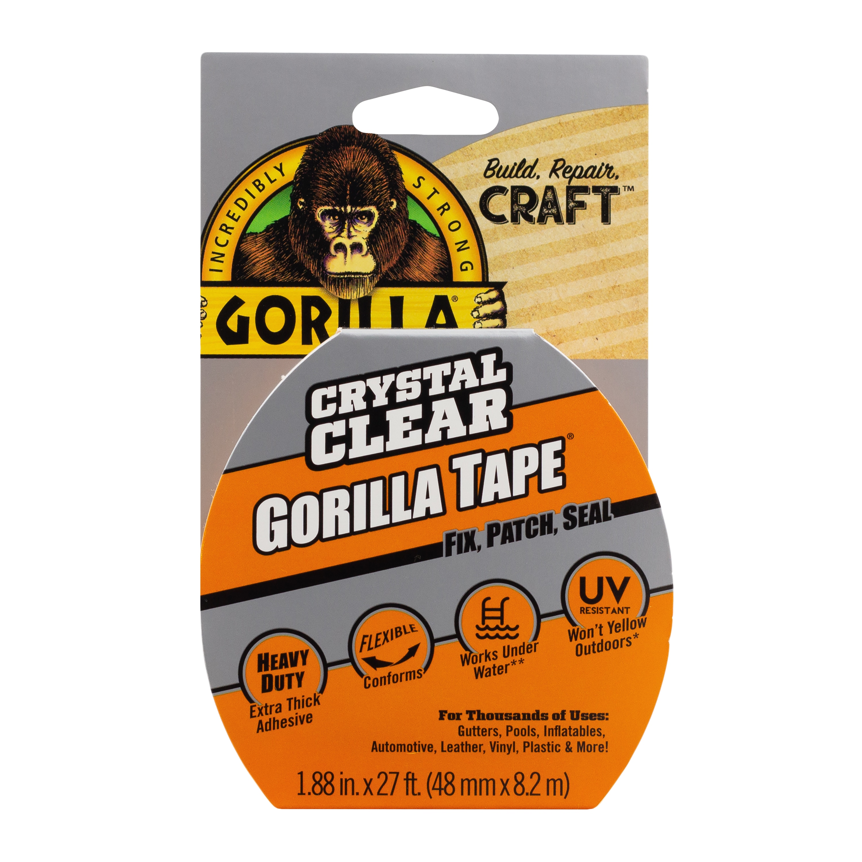 Pack of 1 Fix Patch Seal Clear, Gorilla Crystal Clear Duct Tape 1.88” x 9 yd 