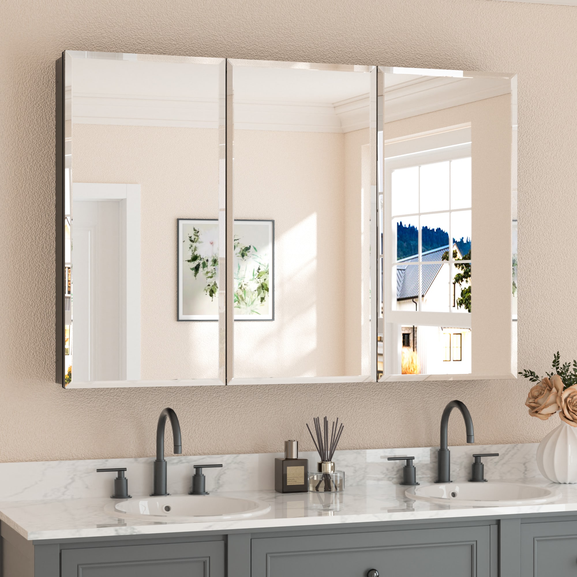 Keonjinn LW-JG-FJXP-12181-BK 48-in x 32-in Surface/Recessed Mount Black Mirrored Rectangle Soft Close Medicine Cabinet