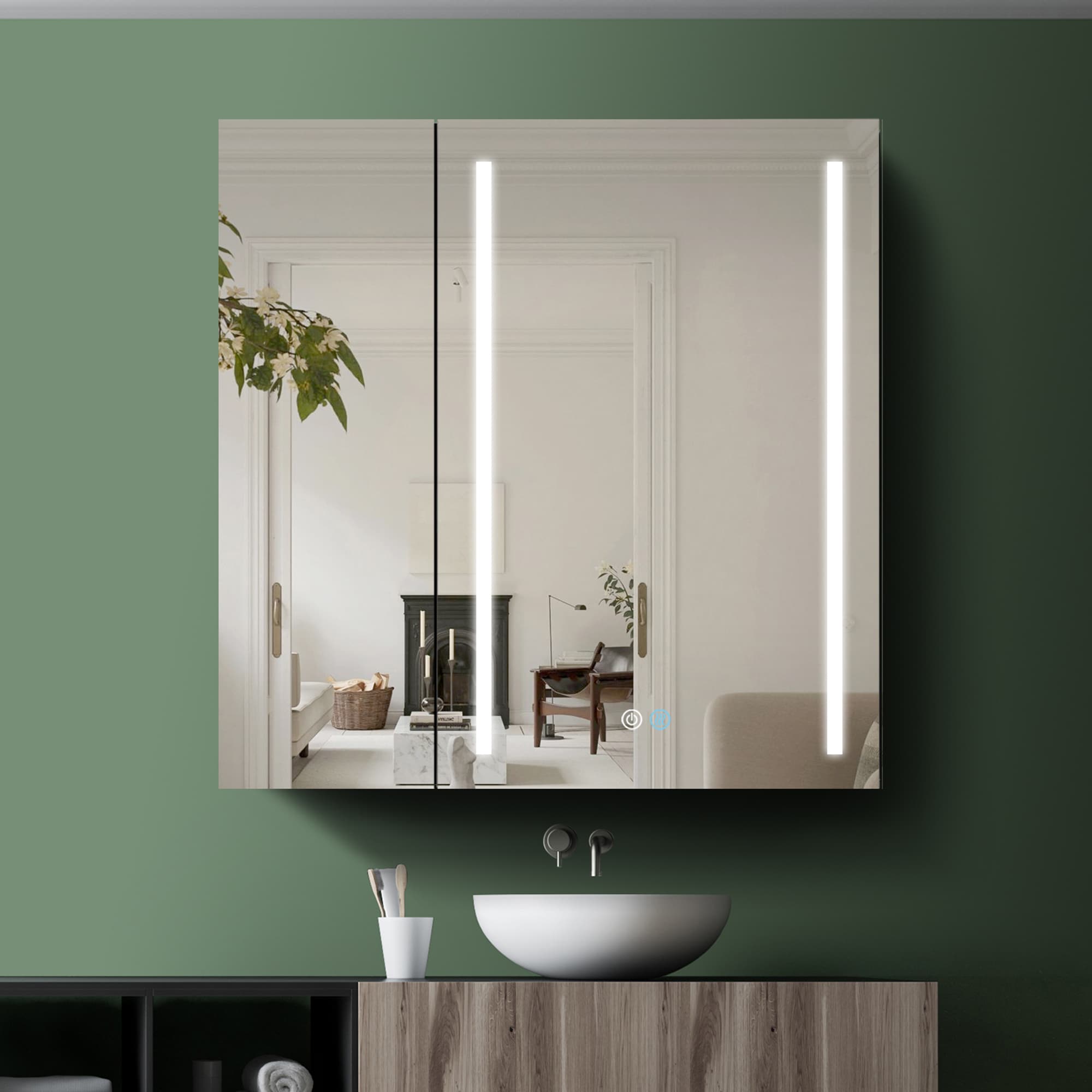 Forclover HE-JG1224 30-Inches x 30-Inches Lighted LED Fog Free Surface Mount Black Mirrored Square Medicine Cabinet