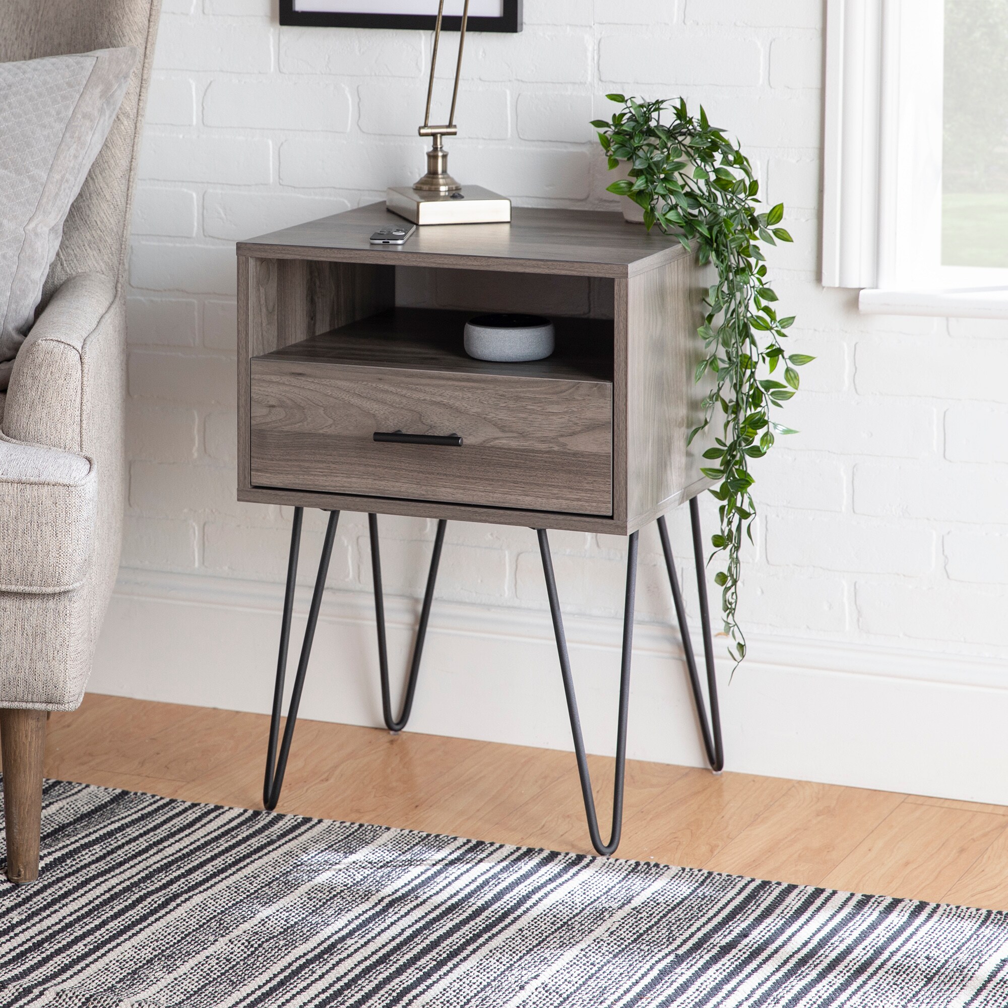 Walker Edison LWF18CRFSTSG 17.75-Inches W x 25.25-Inches H Slate Gray Composite Square Modern End Table with Storage Assembly Required