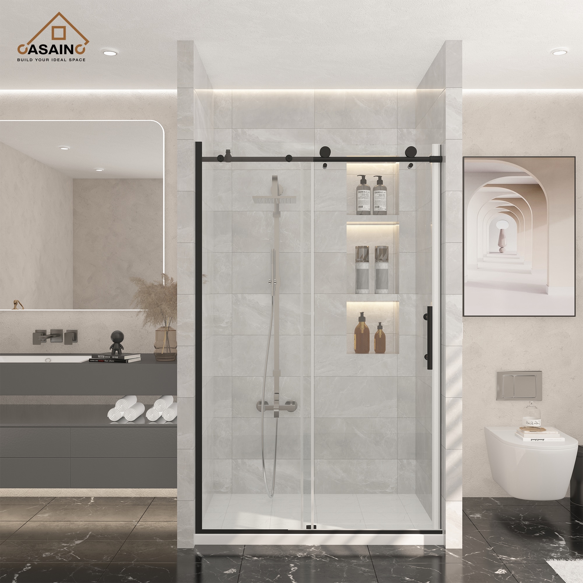 CASAINC SL-TL-C60 Matte black 47-in to 48-in W x 76-Inches H Frameless Sliding Shower door 3/8-in Thick Clear Glass