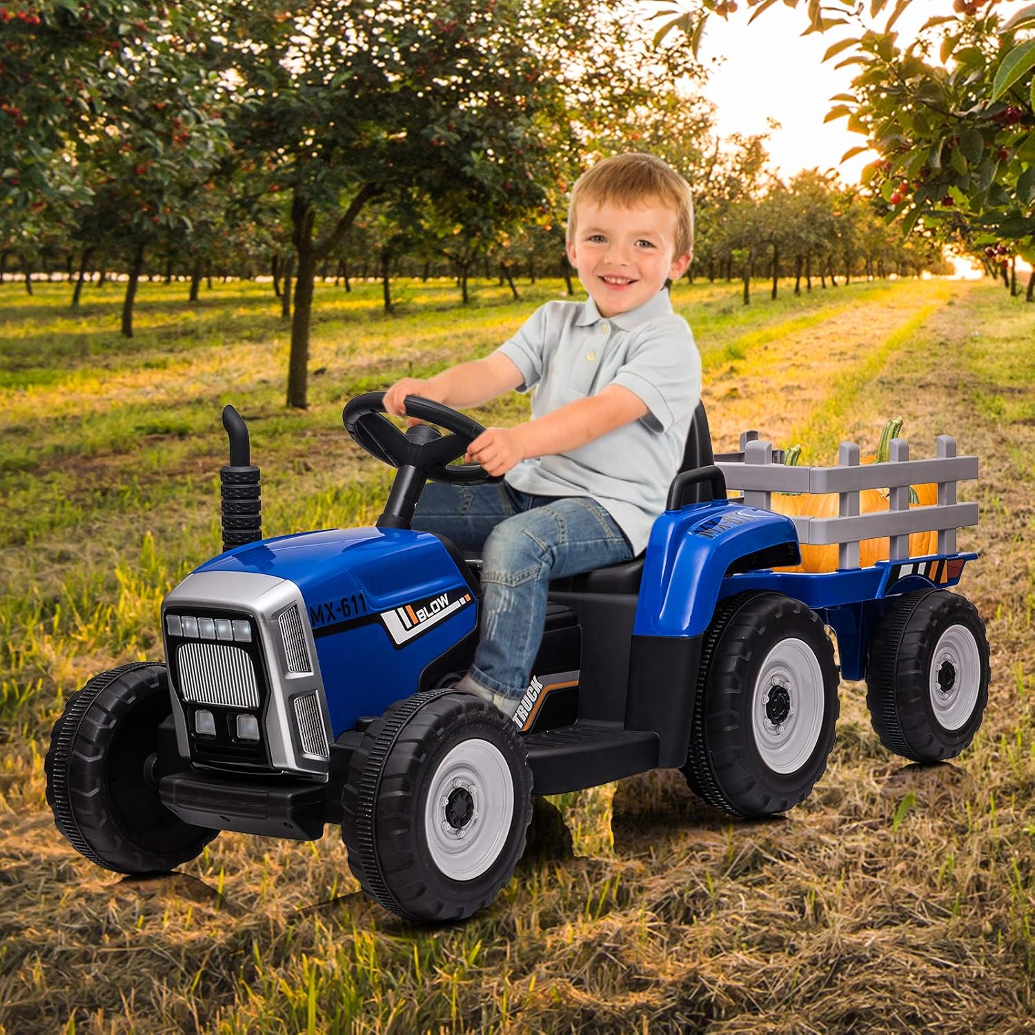 Qeetex TCPTO0WMIMXRY 12V Kids Ride On Tractor With Trailer Remote Control LED Lights And Bluetooth Music Powerful Off Road Blue