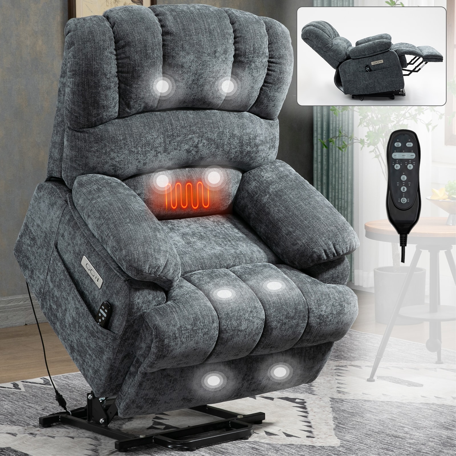 Tatayosi RY-3P263643 Oversized 23 Inch Wide Seat Blue Grey Chenille Power Lift Recliner Chair with Massage Heat and USB Port High Back Large Recliner for Elderly