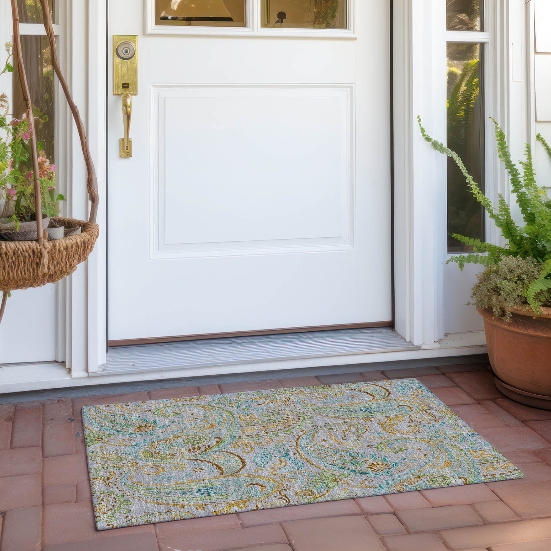 Gray and Gold Paisley Washable Synthetic Area Rug