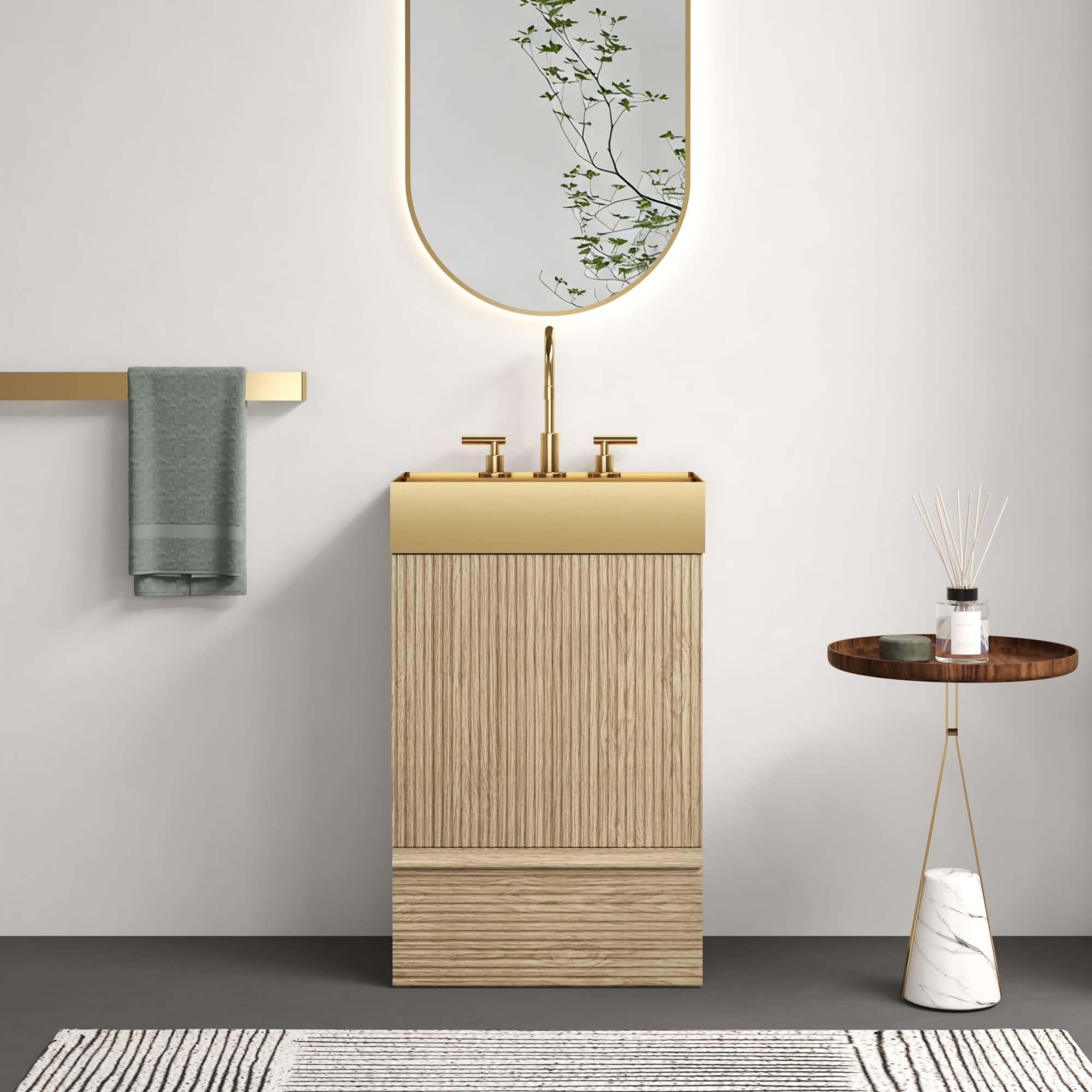 Roomfitters -  20-Inch Striped Sage Green Freestanding Vanity with Brushed Brass Vessel Sink