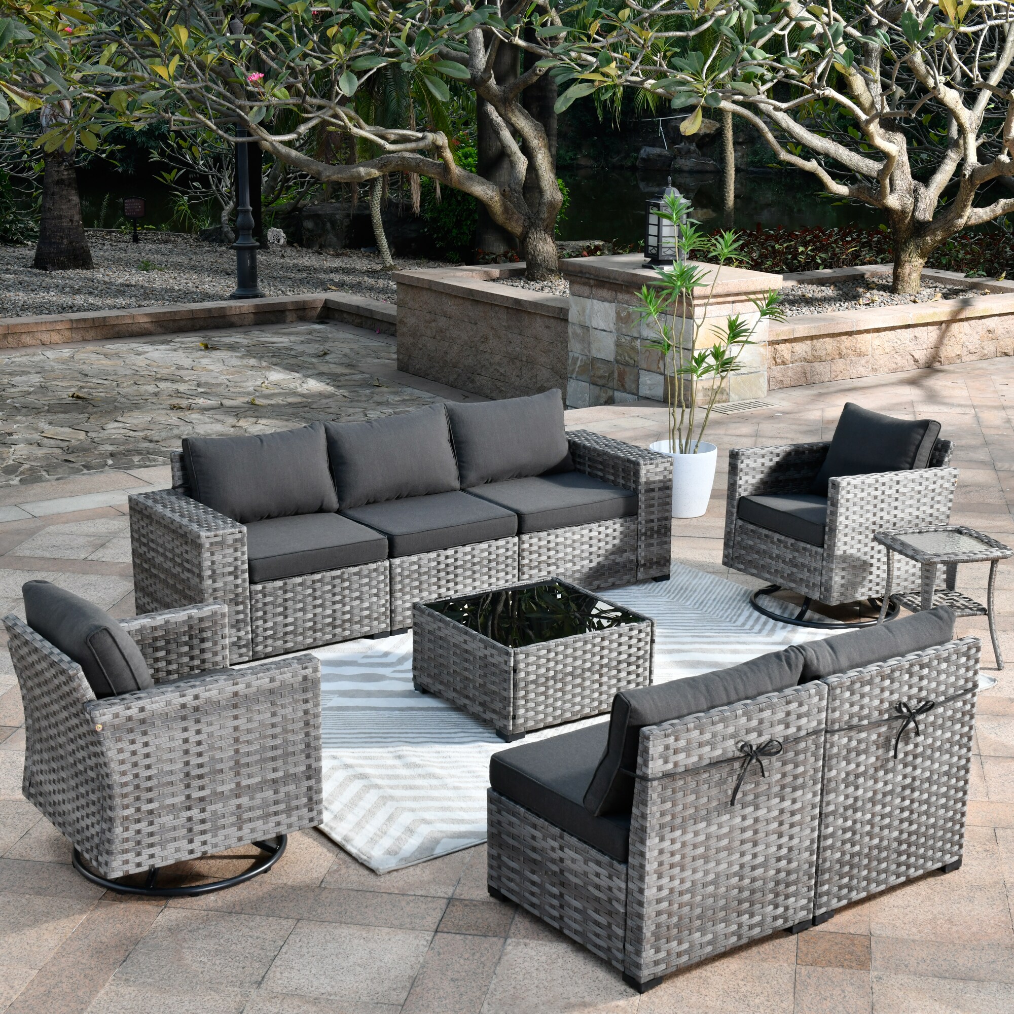 Pouuin 9-Piece Rattan Patio Conversation Set with Black Cushions in the ...