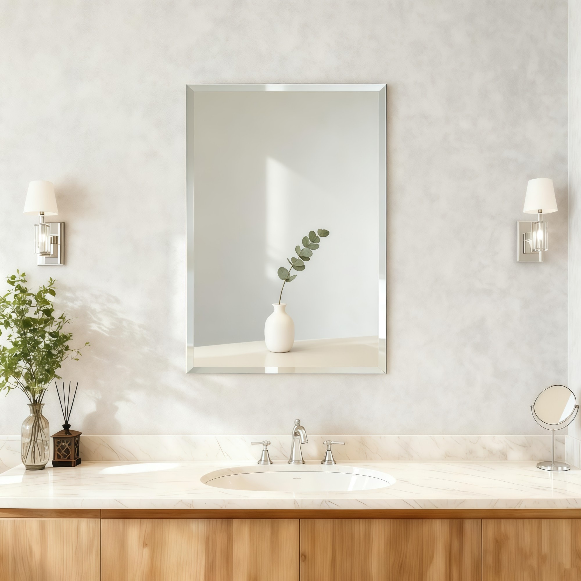 Numhew 24in L 16in W 1-Beveled Edge Frameless Rectangle Clear Bathroom Mirror #NHWILL0906