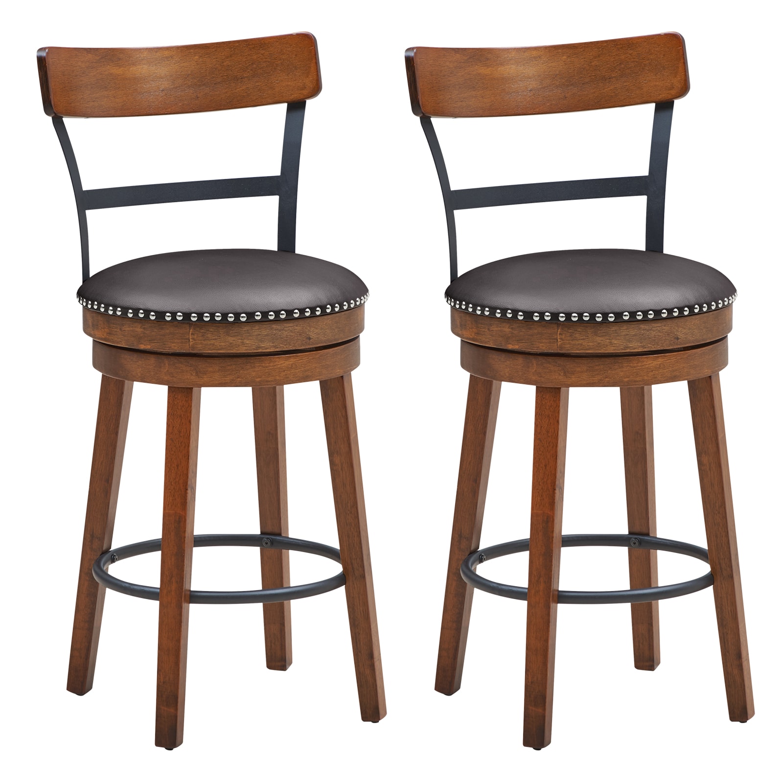 Volenca - Set of 2 25.5-in Swivel Counter Height Bar Stool Rubber Wood Frame with Backrest 250-lb...