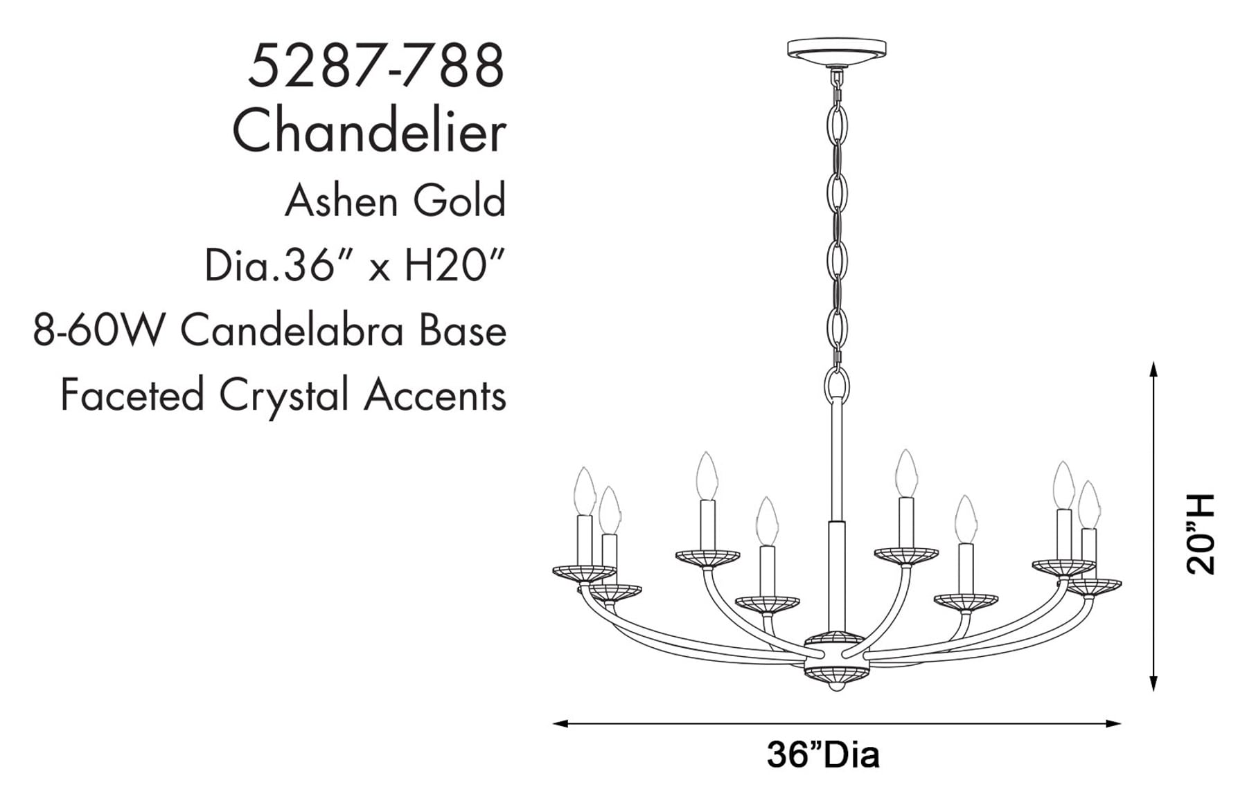 Ashen Gold 36" 8-Light Candle Style Chandelier with Crystal Accents
