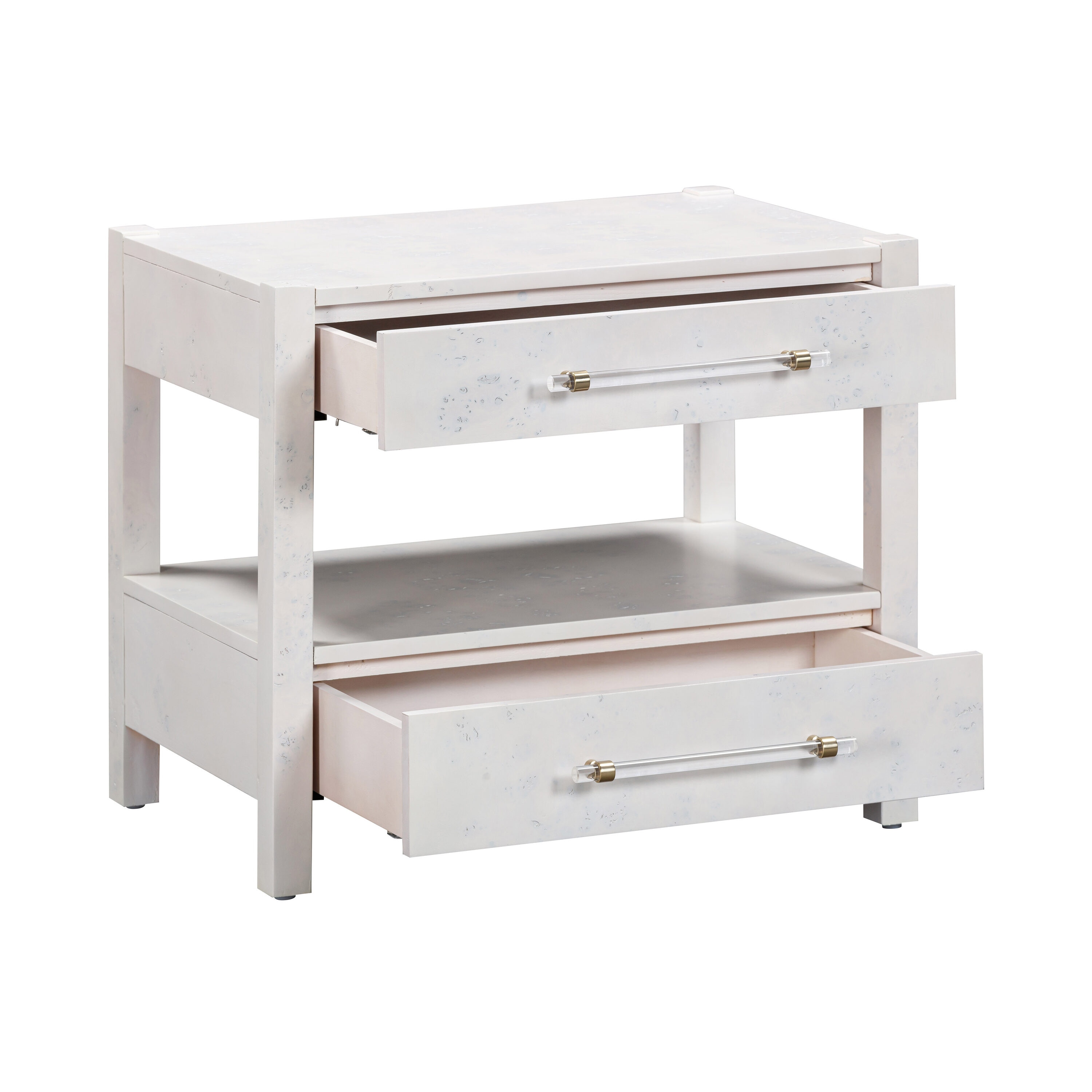 Contemporary White Burl Acacia Nightstand with Brass Accents