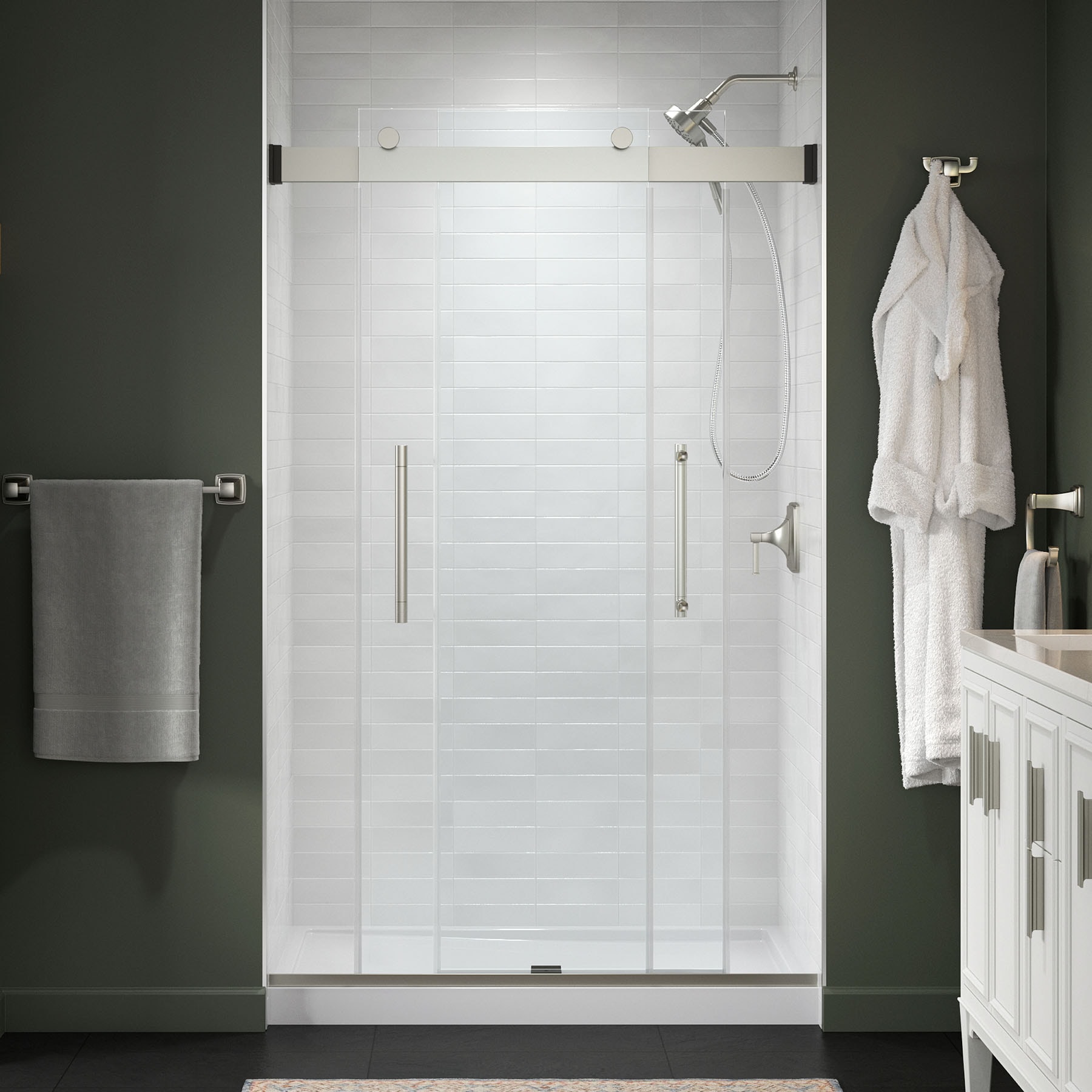 KOHLER 702475-8L-BNK Premise Anodized Brushed Nickel 44-in to 48-in W x 75.75-in H Frameless Bypass Sliding Soft Close Shower Door 5/16-in Thick Clear Glass
