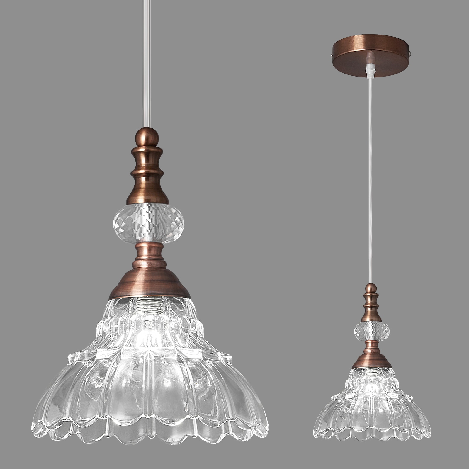 ZHLLMQ Vintage Collection 1-Light  Vintage Red Bronze Finish Clear Embossed Glass Scalloped Bell Non-Integrated LED 6.69 Inch Kitchen Island Hardwired Pendant Light