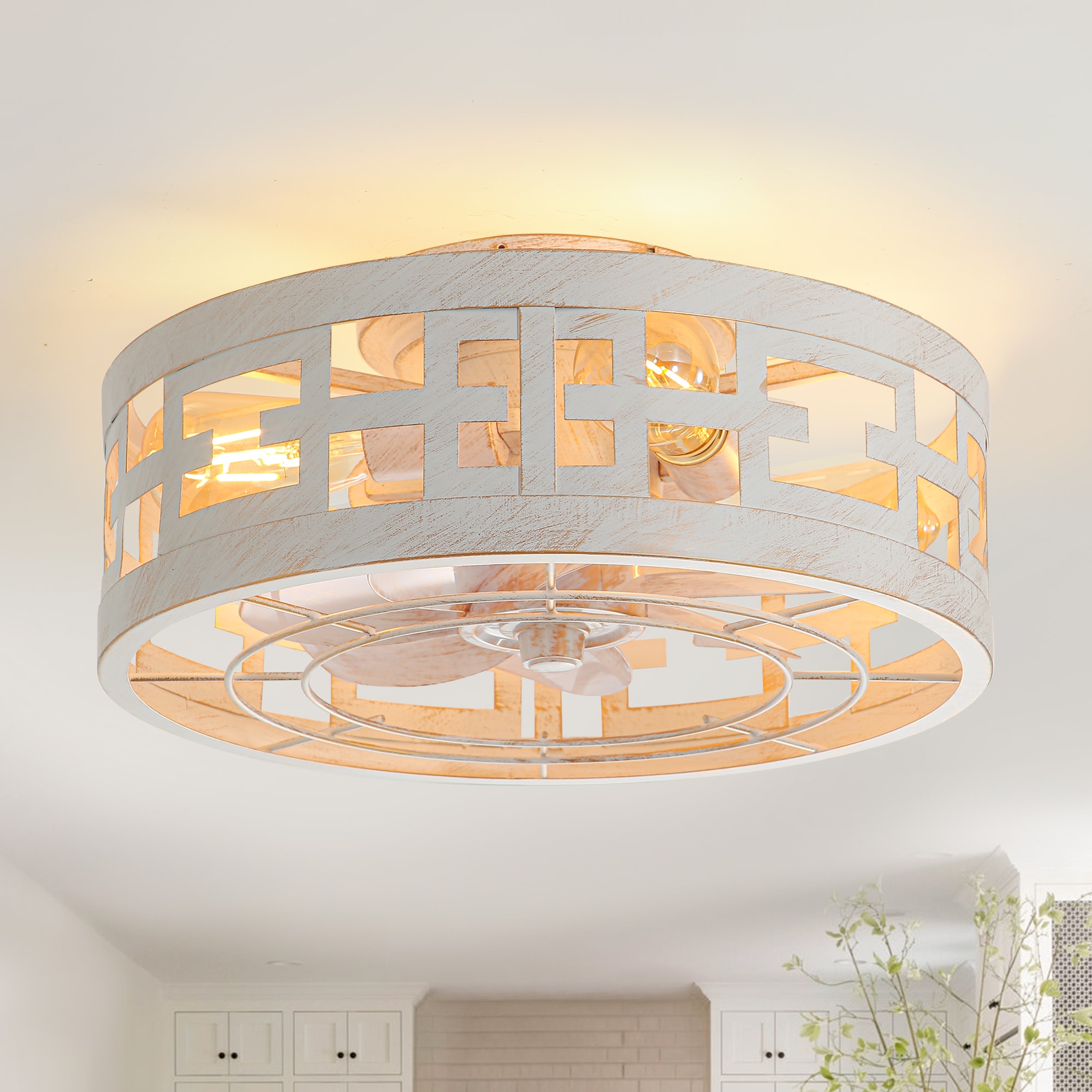 Breezary 35018-WG 17-in Flush Mount Distressed White with Gold Accents with White Blades Fandelier Ceiling Fan With Light - Remote Included ( 7 -Blade )