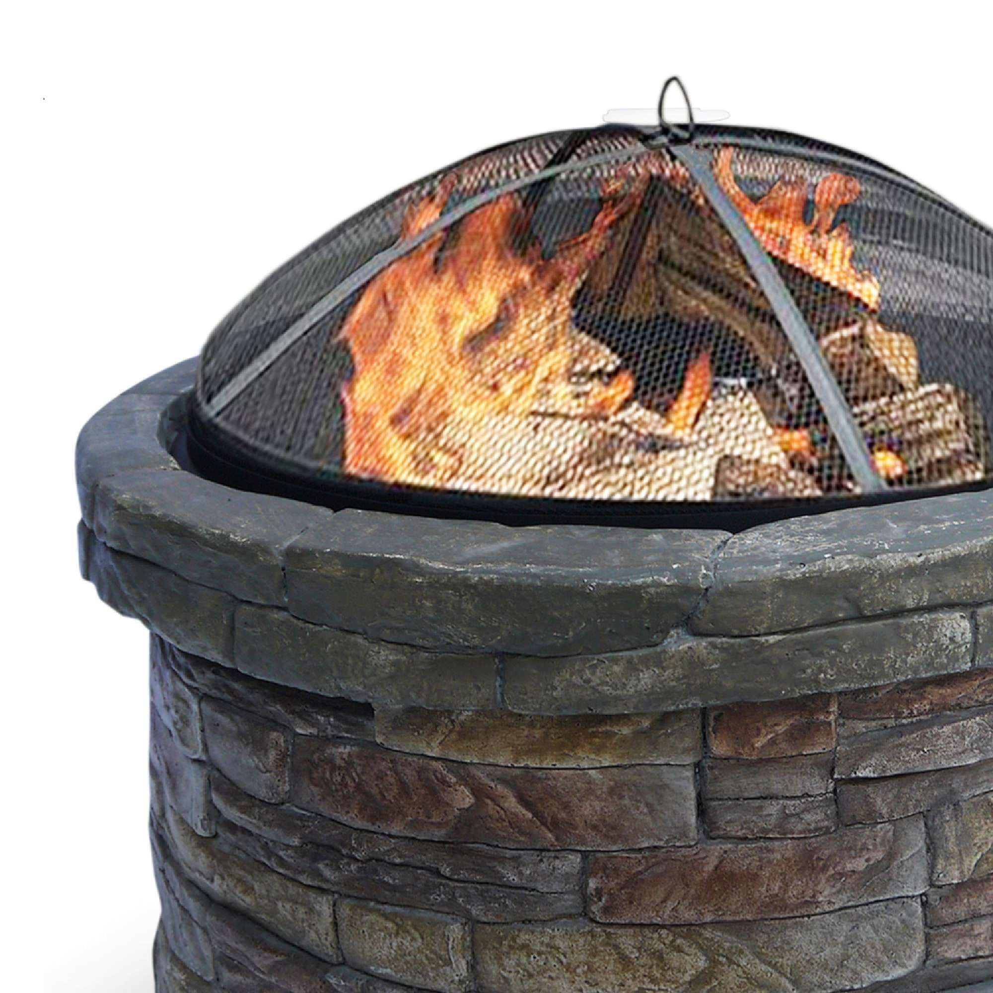 Round Faux Stone Outdoor Wood Burning Fire Pit with Steel Base