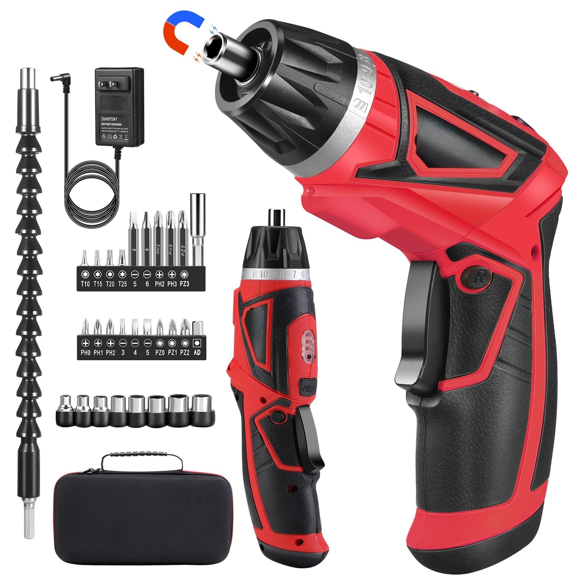 Angel Sar 8V 10Nm Cordless Electric Screwdriver Set Rechargeable Battery Screw Gun 320 RPM 10 plus 1 Torque 2 Position Handle Flexible Shaft LED Light Red 28 Pcs for DIY