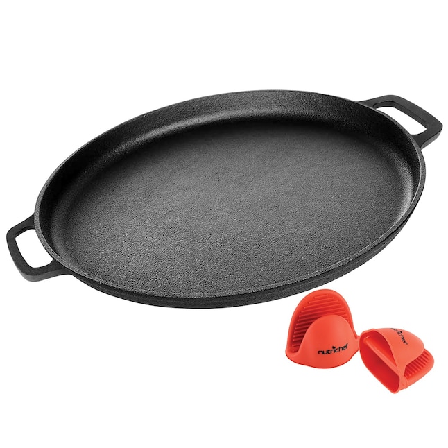 NutriChef 14-Inch Cast Iron Pizza/Baking Pan with Silicone Handles