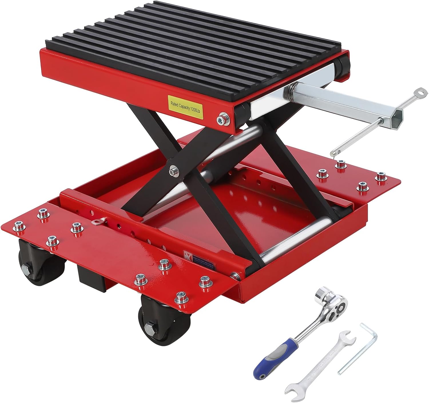 IdealHouse 1200 LBS Motorcycle Scissor Lift Jack with Wheels Wide Deck Dirt Bike Lift Stand with Thickened Rubber Pad Heavy Duty Dolly Jack for ATV Cruiser Street Bike