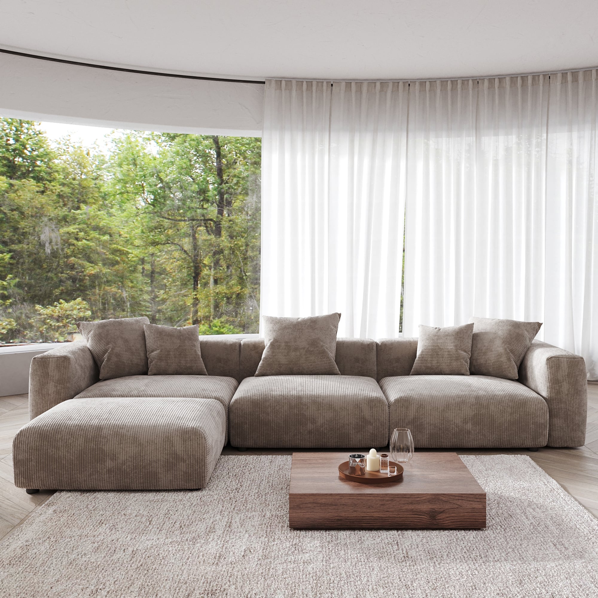 BuotiqHom DH-S3+1-126BR 141.73-in Casual Brown (3 Seats + 1 Ottoman) Sectional
