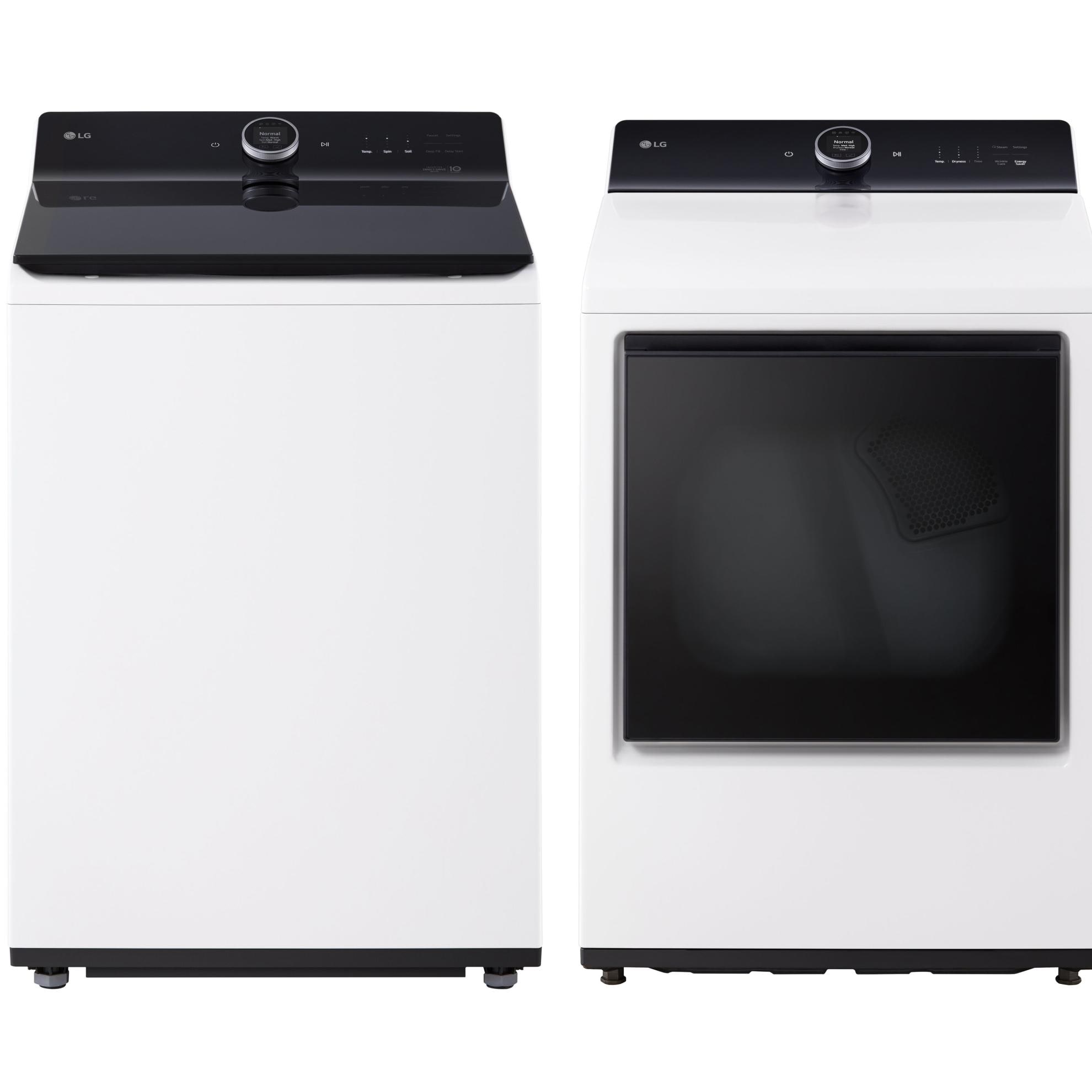 LG 5.5 cu ft Smart High Efficiency Impeller Top Load Washer and 7.3 cu ft Steam Electric Dryer Set, Alpine White washer with White dryer