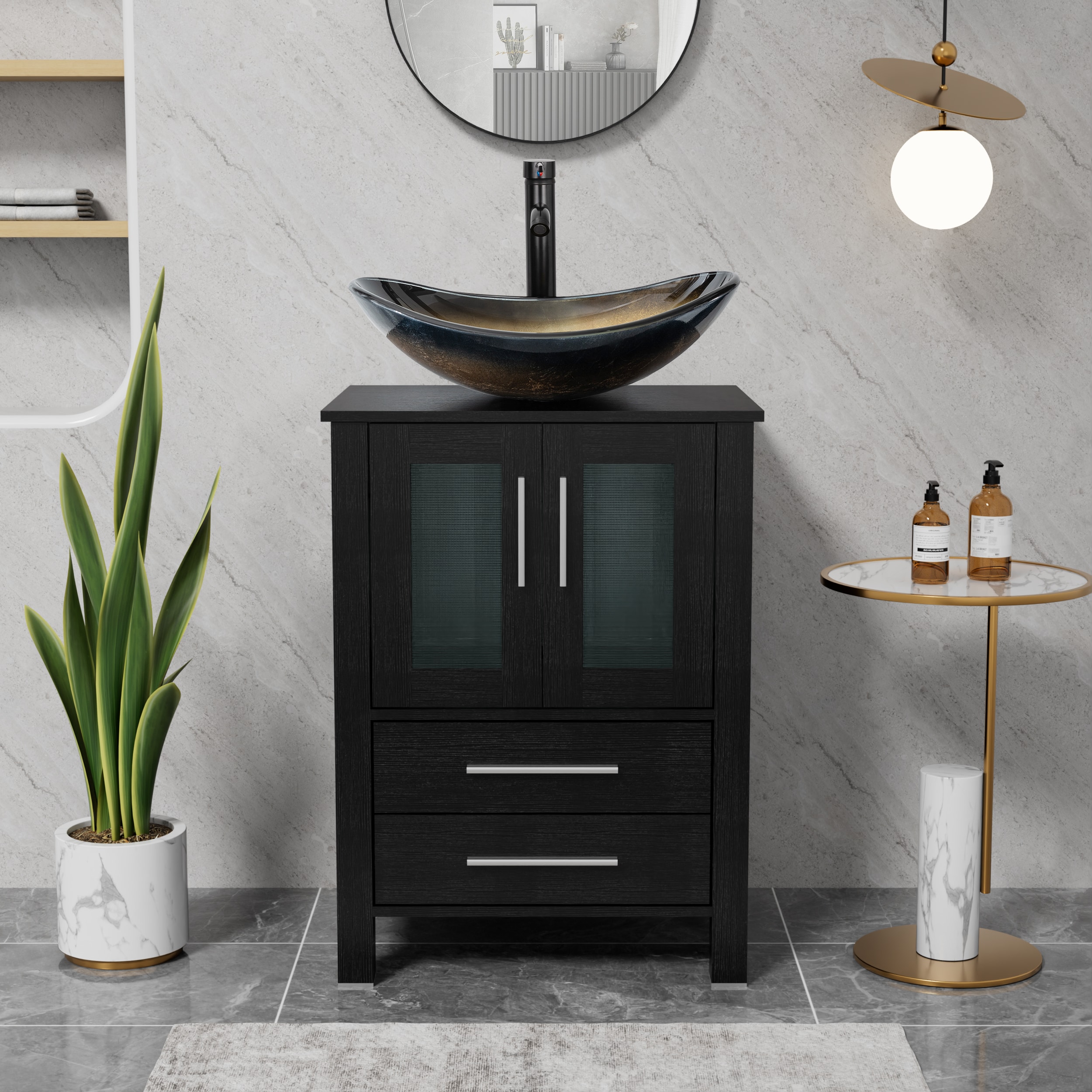 eclife 24 inch Single Sink Black Bathroom Vanity with Champagne Oval Glass Vessel Sink Top