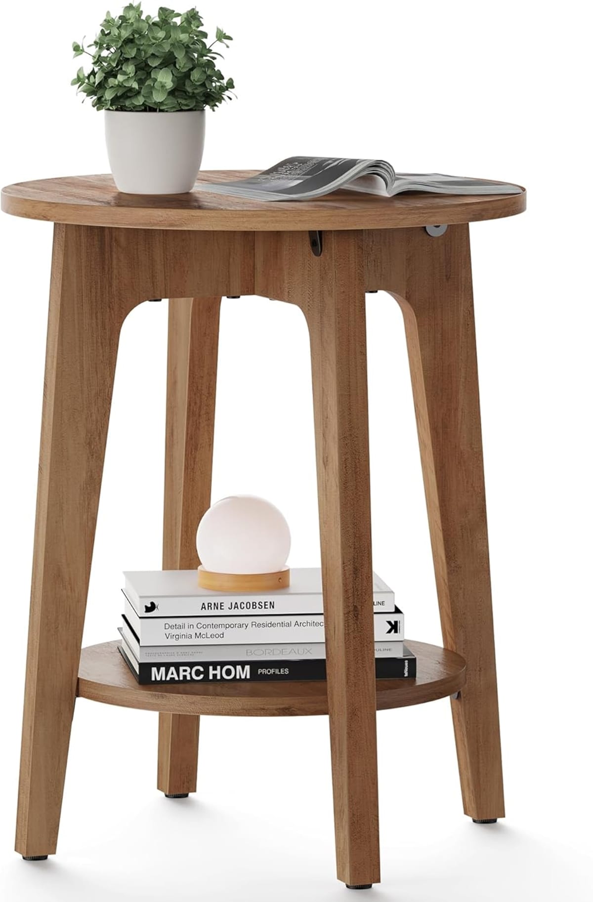 SONGMICS HOME LET283T41 Small Round Side Table with Lower Shelf – Nightstand for Small Spaces Rustic Walnut