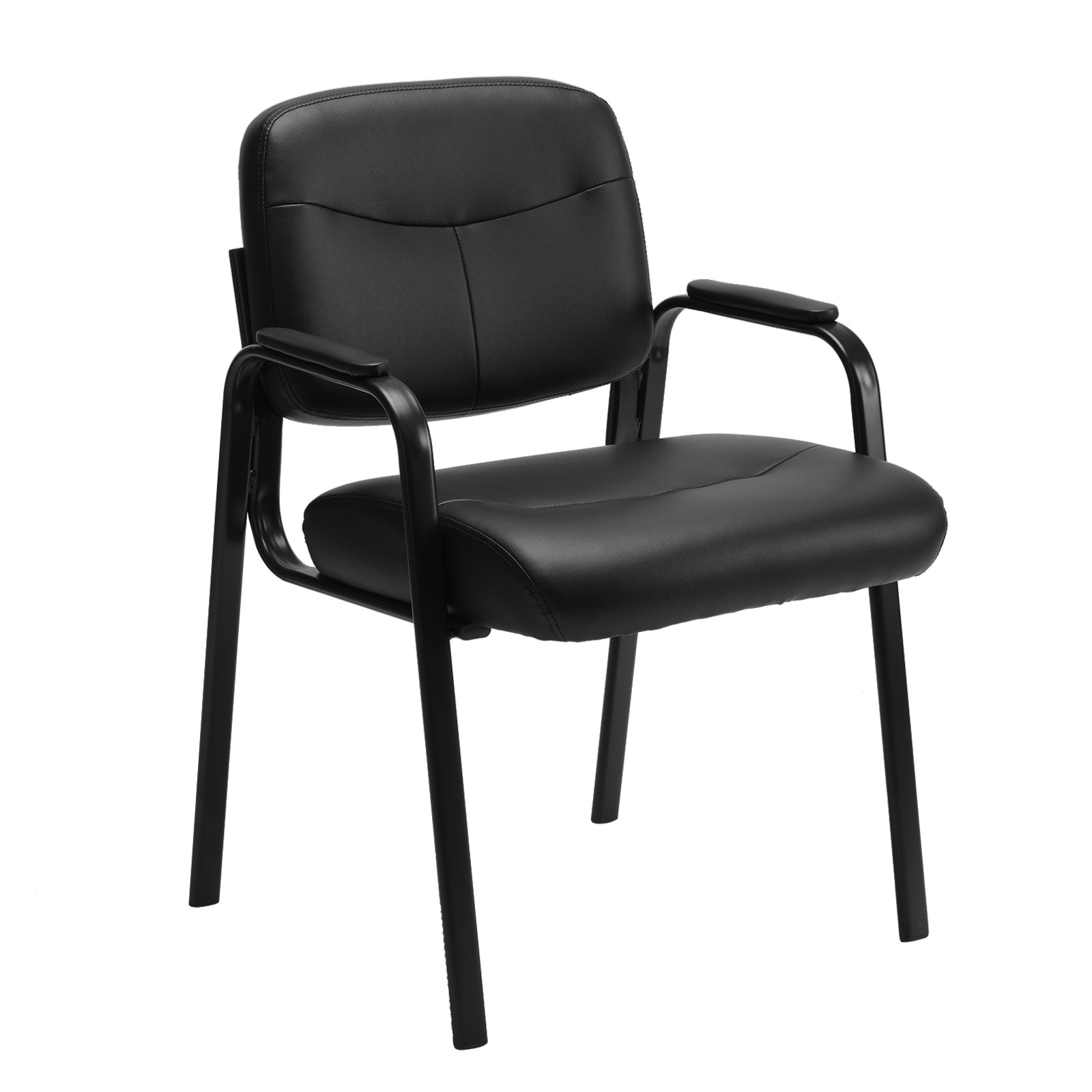 Sweetcrispy Black Ergonomic Leather Reception Guest Chair with Armrests and Metal Frame