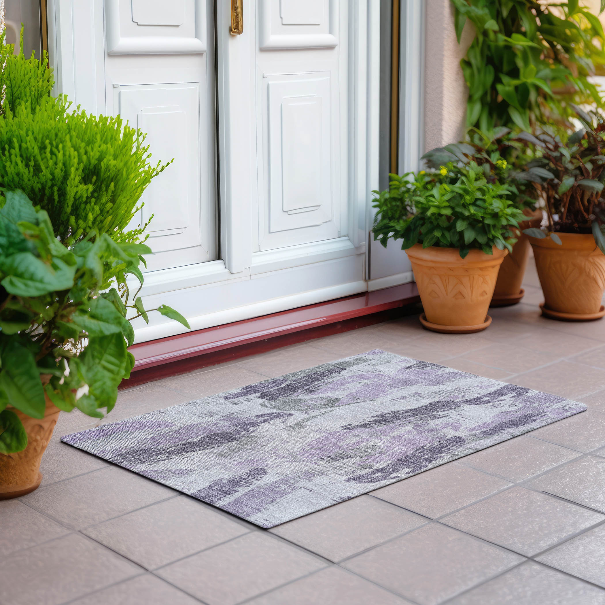 Lavender and Gray Rectangular Washable Synthetic Rug