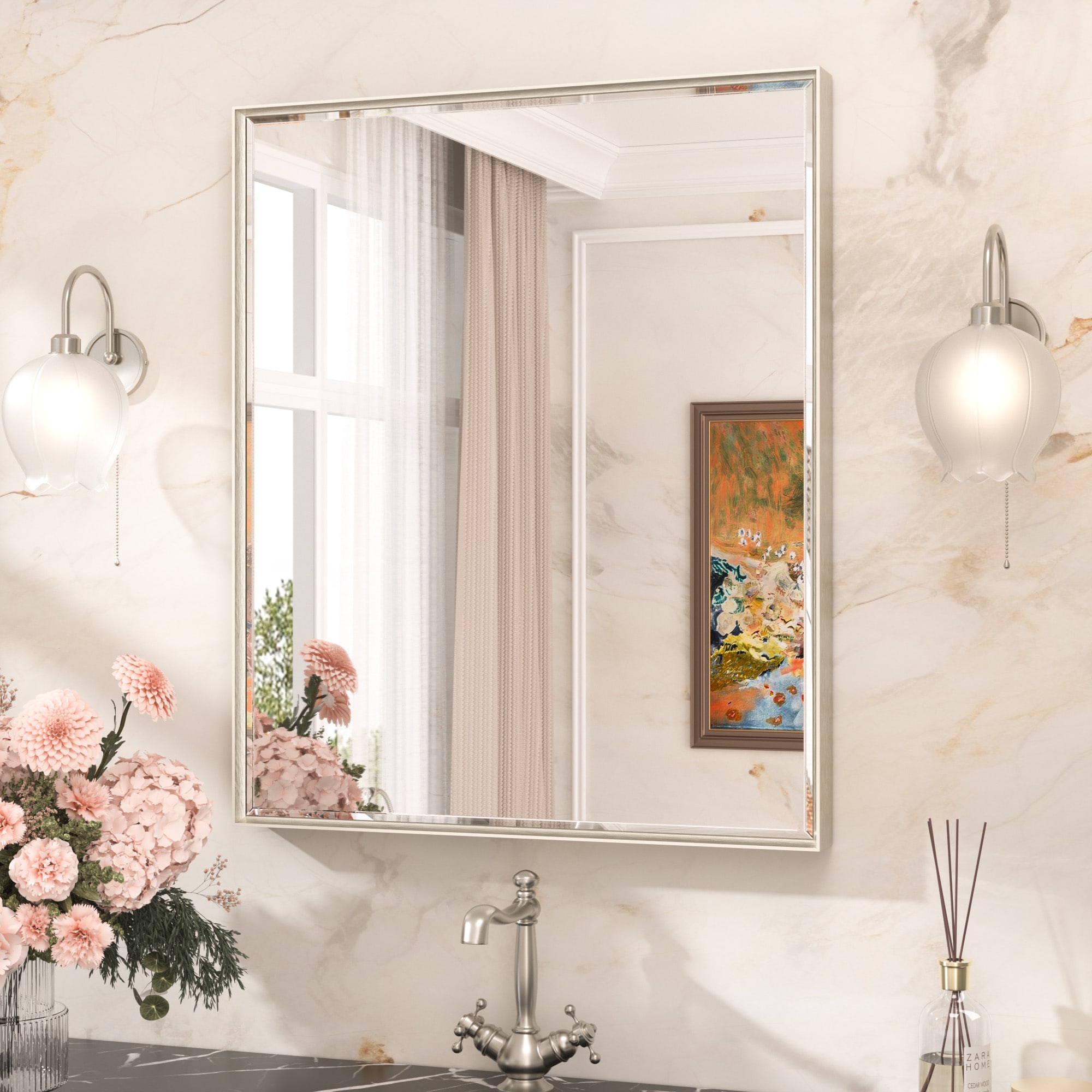 TETOTE 30x36 Inch Brushed Nickel Beveled Bathroom Vanity Mirror Metal Framed Over Sink Wall Mirror Horizontal/Vertical