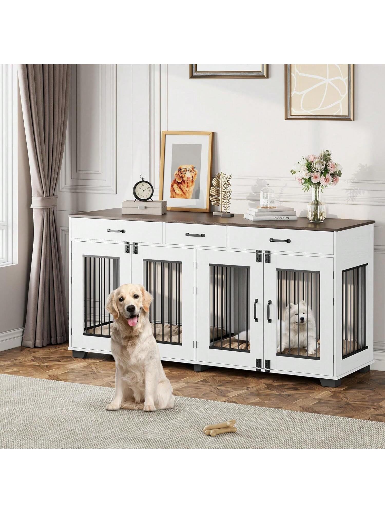 Qeetex BY-PHO-158Q1WUZ 71-Inch Large Dog Crate With 3 Drawers For 2 Dogs Spacious Wooden Indoor Kennel With Divider Large Breed Dog Crate And TV Stand Perfect For Medium Large Dogs