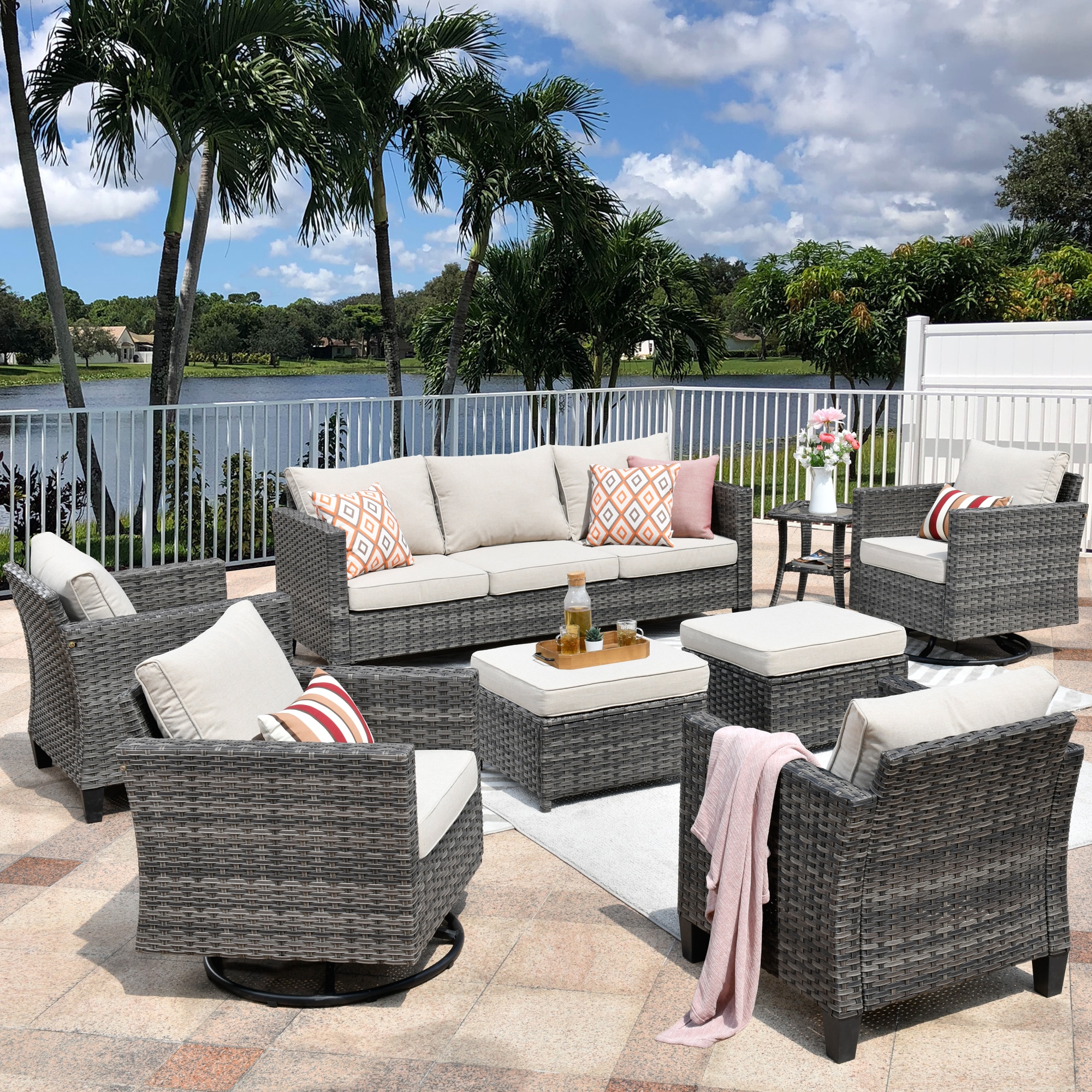 Pouuin SYZGRS608M 8 -Piece Rattan Patio Sofa Conversation Set with Off-white Olefin Cushions