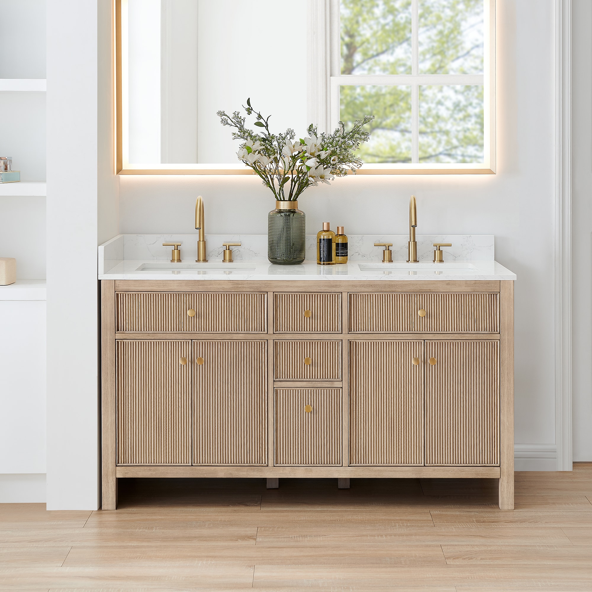 Altair 567060-NK-GW-NM Cerrito 60-in Natural Oak Undermount Double Sink Bathroom Vanity with Grain White Engineered Stone Top