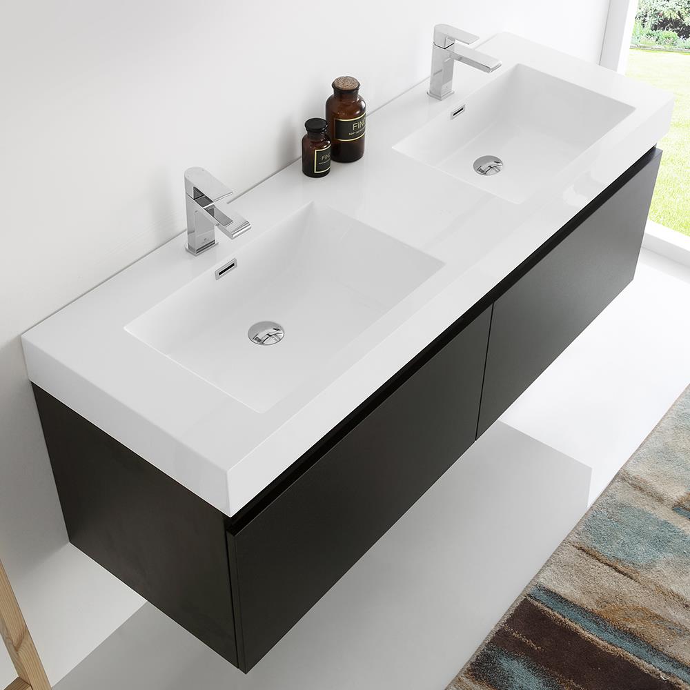 Fresca Mezzo 60-in Black Double Sink Floating Bathroom Vanity with ...