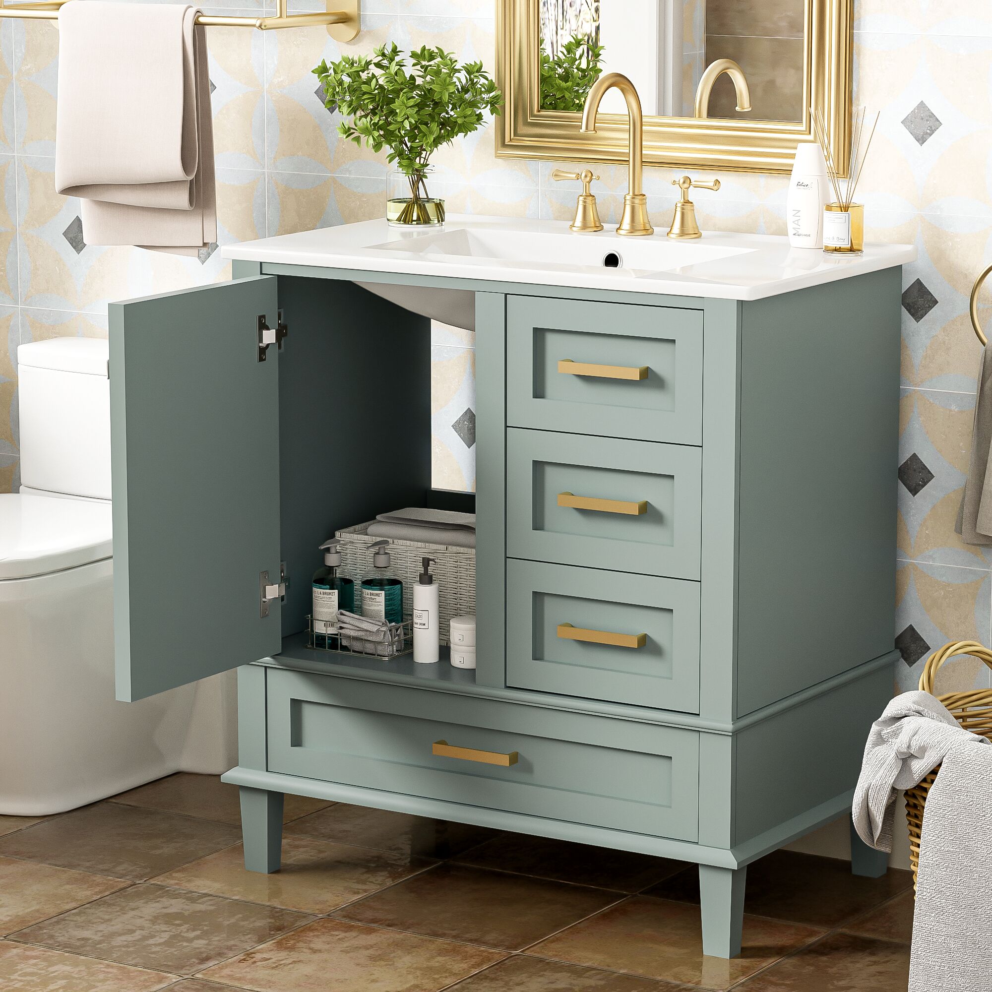 Qualler  30 Inch Bathroom Vanity with Sink Combo and 3 Storage Drawers - Sage Green