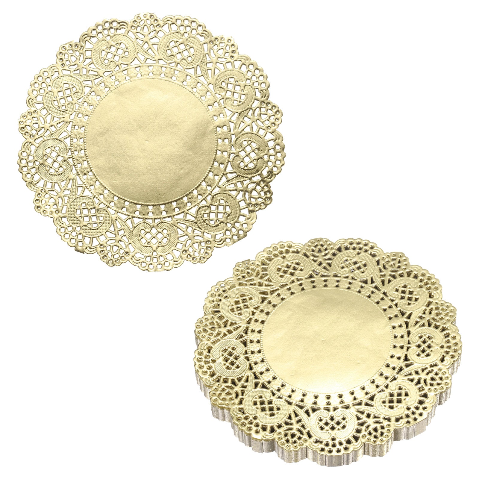 Harfington 50pcs Lace Paper Doilies 5 Inch Gold Round Disposable Decorative Paper Placemats Hollow Flower Absorbing Papers for Cakes Desserts Food Decoration Wedding Birthday