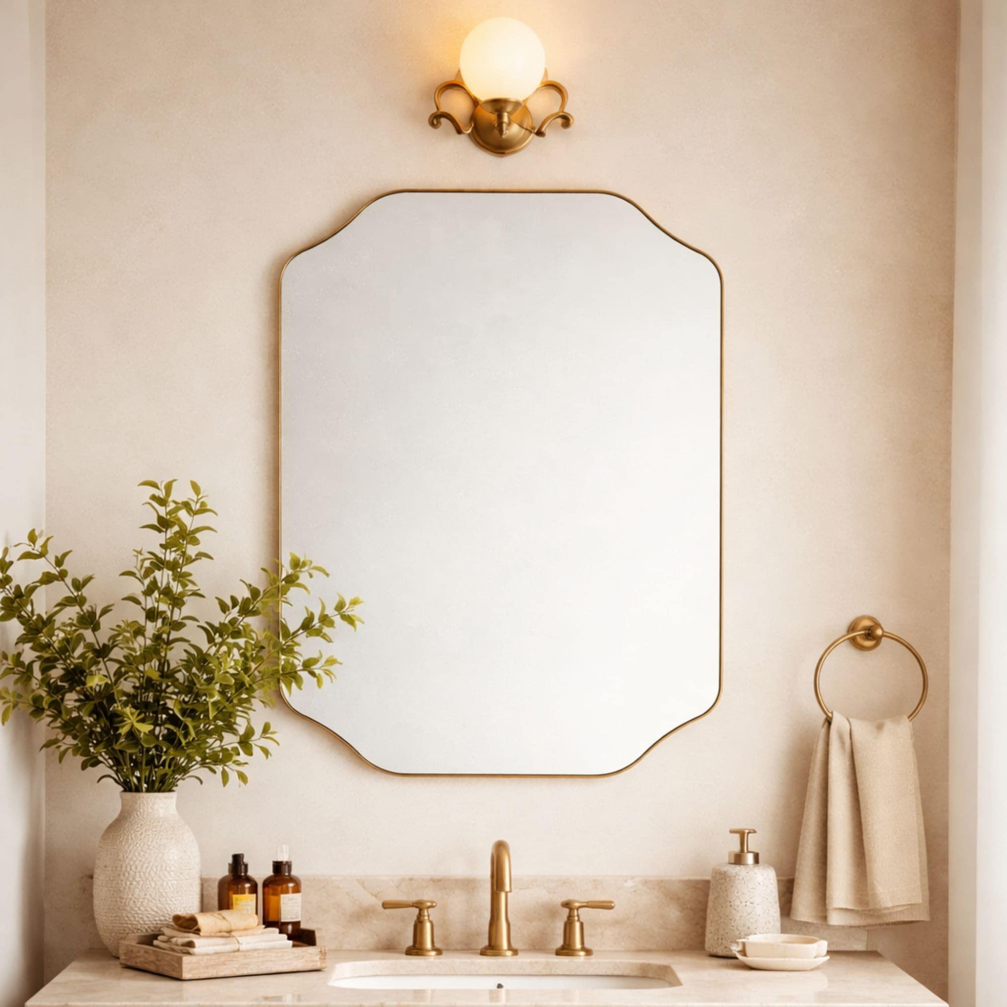 TEHOME 24 in W x 32 in H Scalloped Framed Stainless Steel Wall Mounted Bathroom Vanity Mirror in Brushed Gold #GC-JL0163